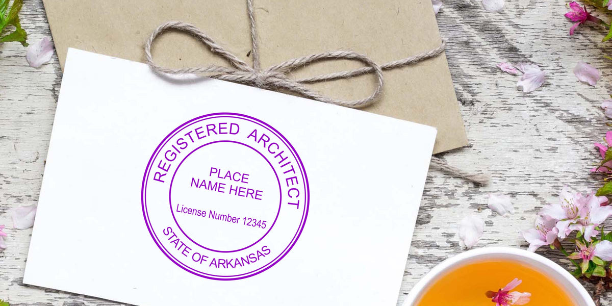Registered architect stamp on white envelope with rustic wood background and spring flowers, showing Arkansas architect license seal; details on Arkansas architect stamp cost and pricing.