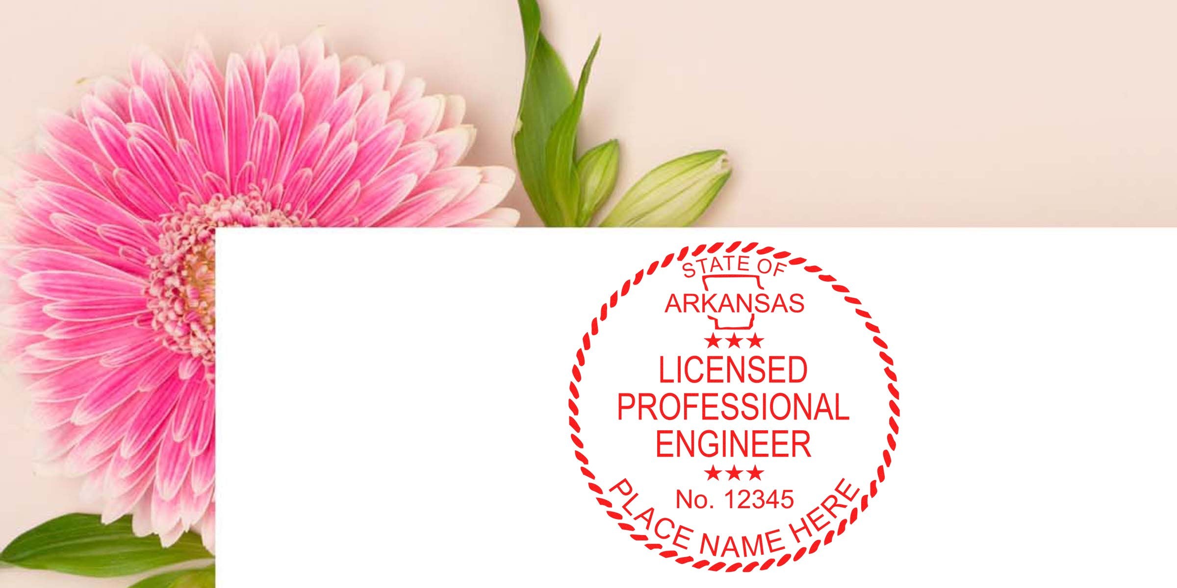 Arkansas engineer stamp and professional engineering seal embossed on white paper with a pink flower background.