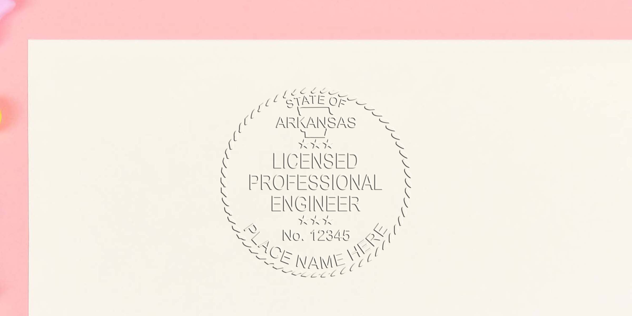 Arkansas engineer stamp embossed on white paper with pink background, displaying Arkansas engineer stamp details.