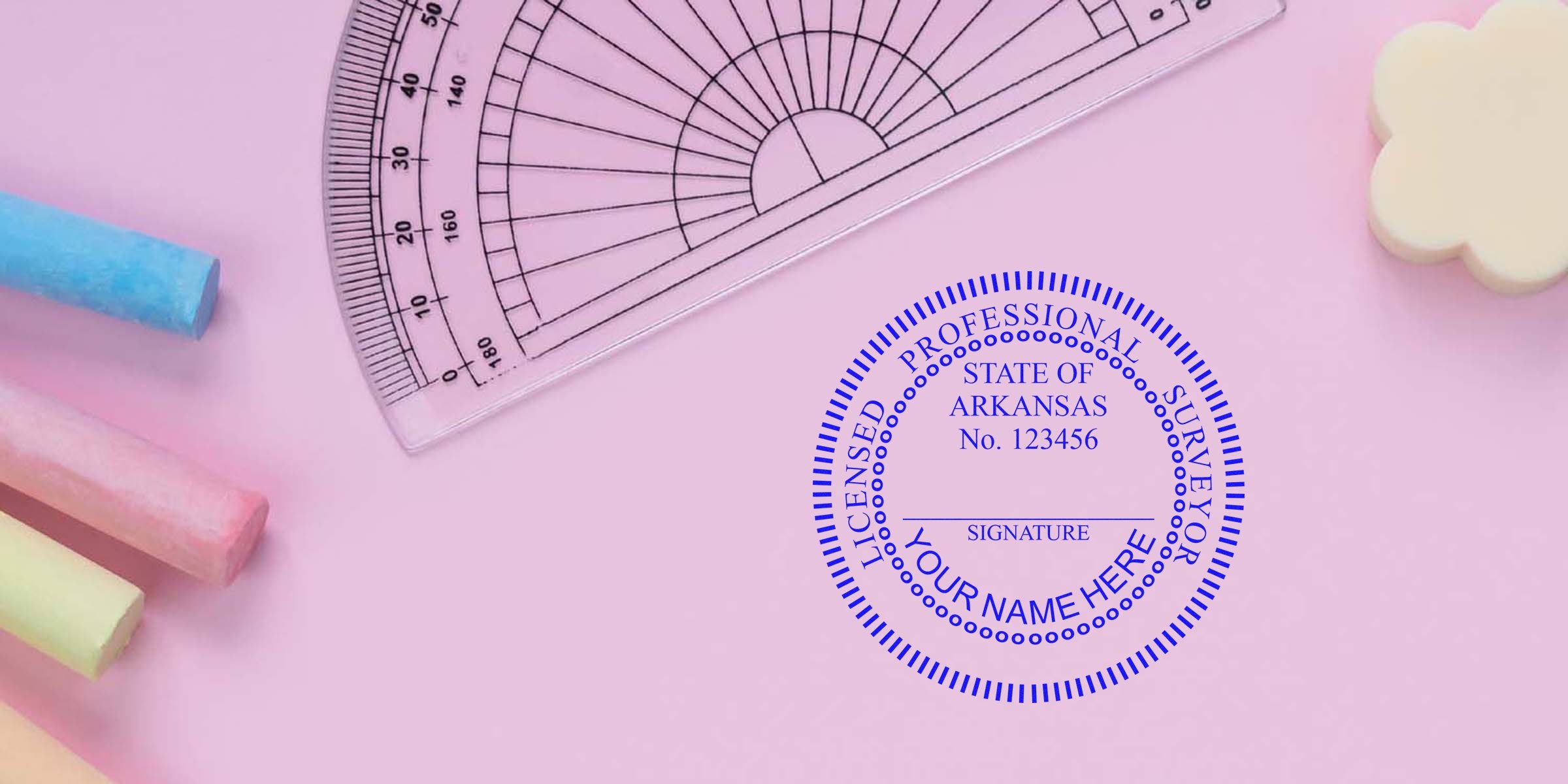 Arkansas land surveyor seal with licensed surveyor emblem, protractor, colorful chalk, and pink background, per land surveyor seal design guide.