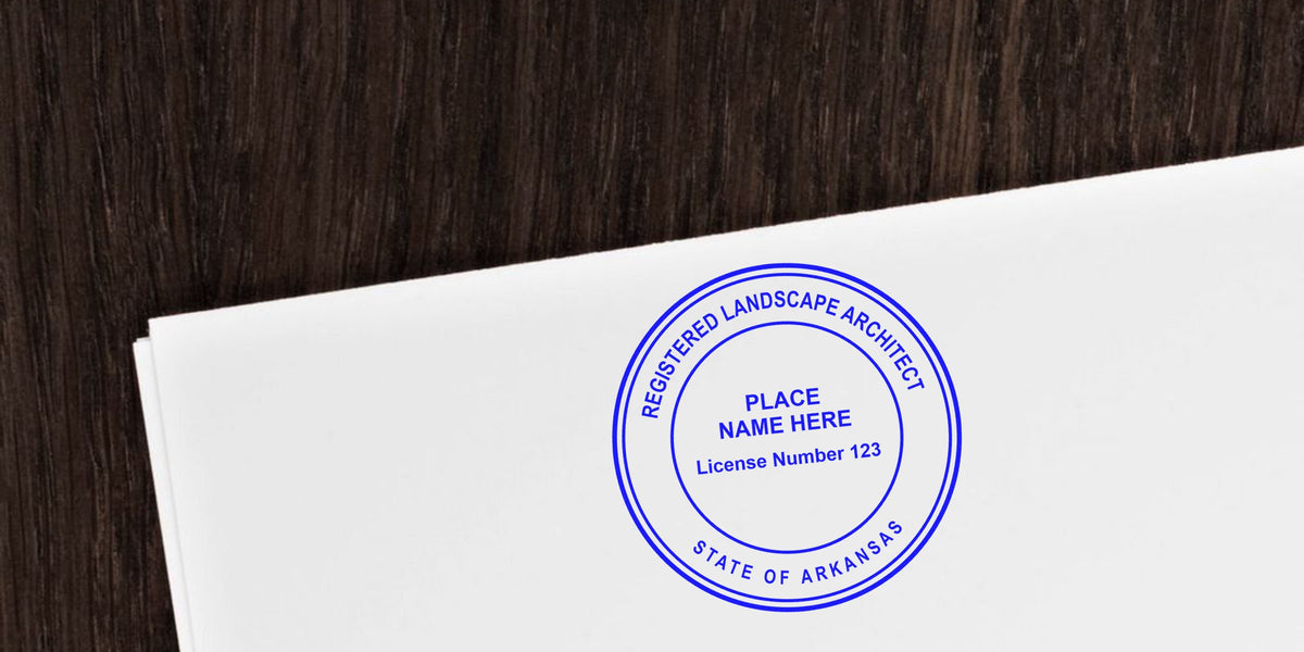 Arkansas landscape architect seal stamped on white paper showing license number, meeting Arkansas landscape architect seal guidelines.