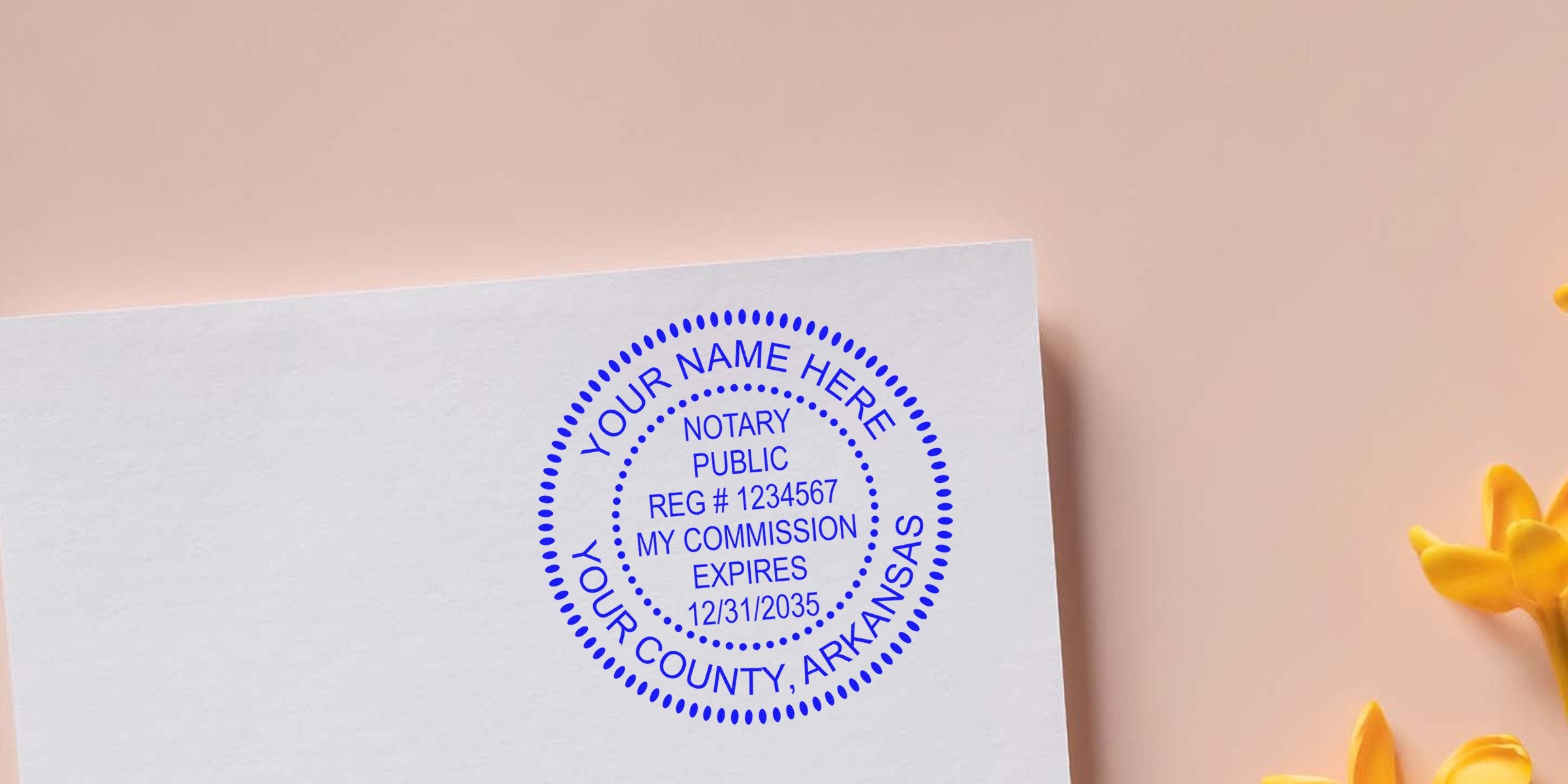 Custom blue Arkansas notary stamp on white paper showing notary public seal, compliant with Arkansas rules for commission expiration.