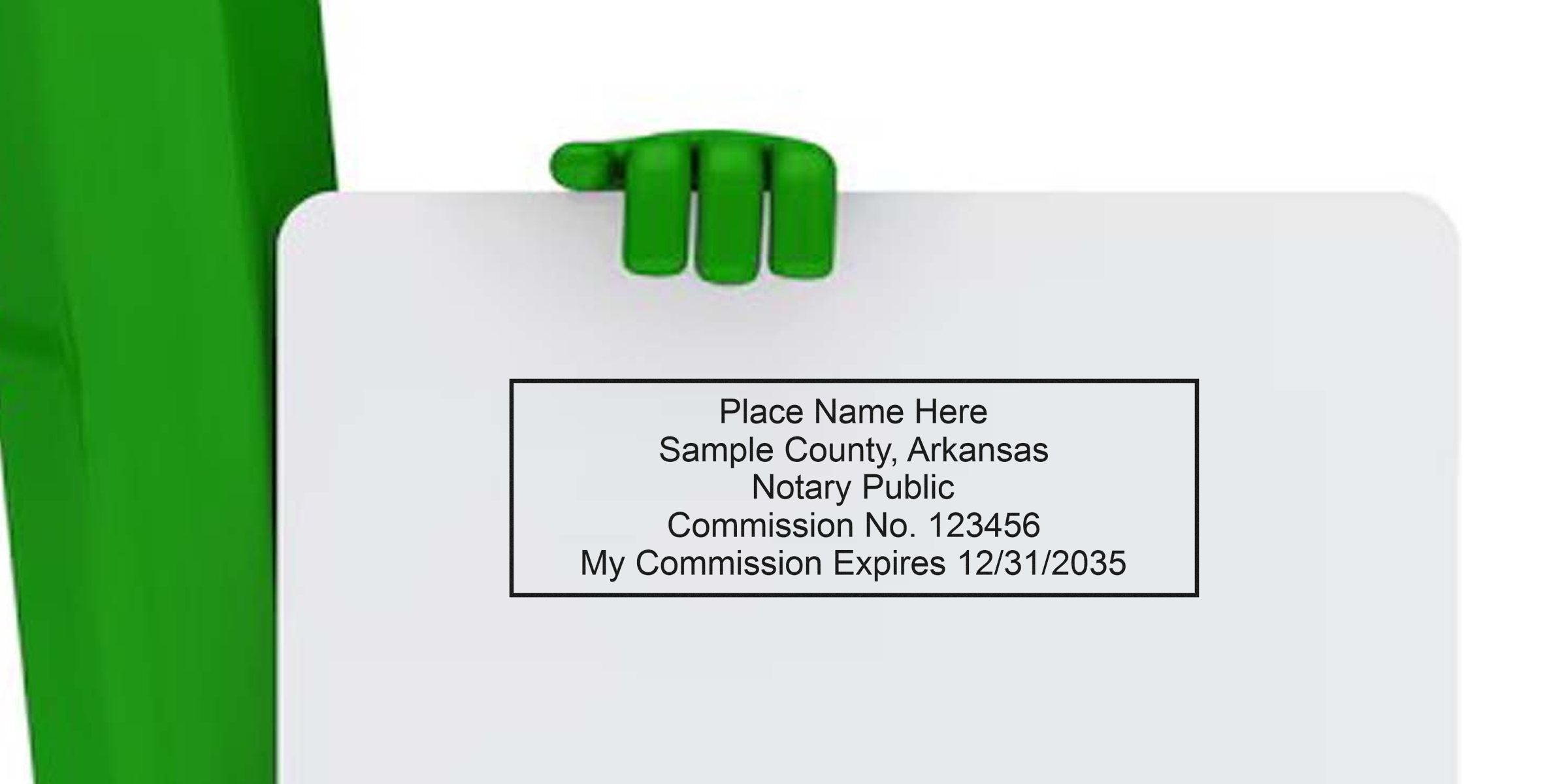Green hand holding Arkansas notary public commission certificate with sample county, expiration date, Arkansas notary stamp, and notary stamp options displayed.
