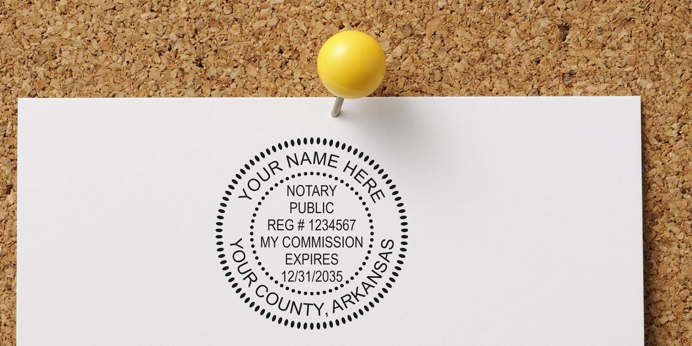 Arkansas notary public stamp with commission expiration date pinned on corkboard, showing Arkansas notary stamp law and requirements.