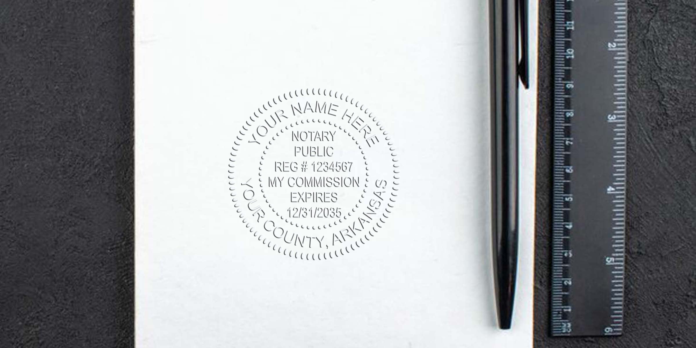 Arkansas Notary Public Seal with pen and ruler on white paper, symbolizing official document authentication and the Best Notary Seal in Arkansas.