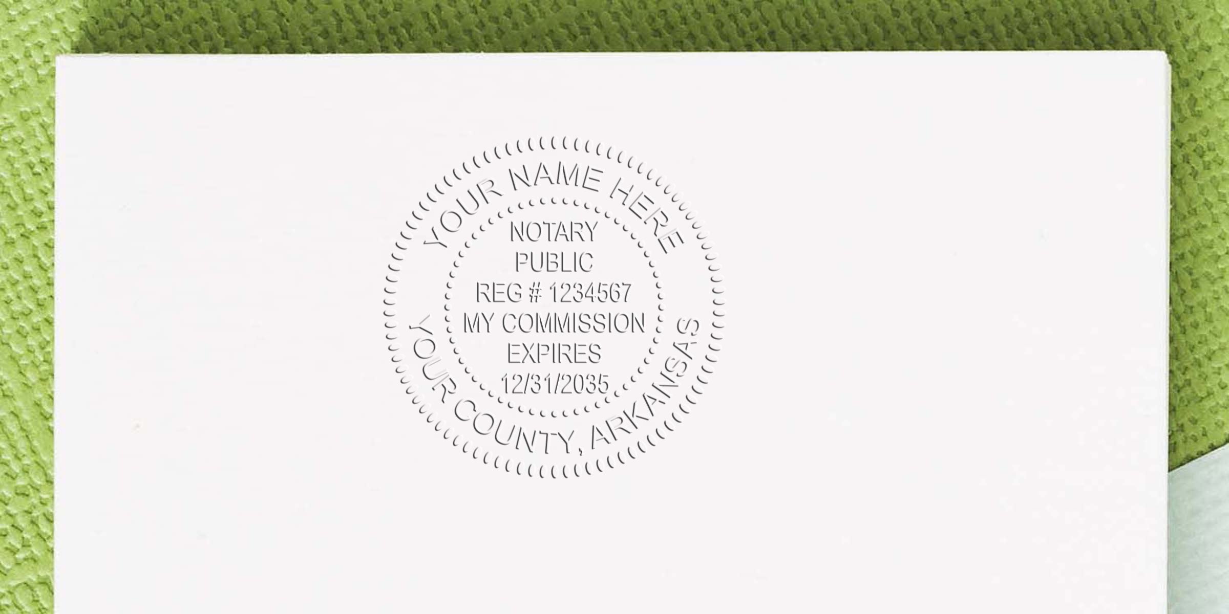 Arkansas notary public embossing seal on white paper, perfect for official county documents, offering affordable notary tools and supplies.