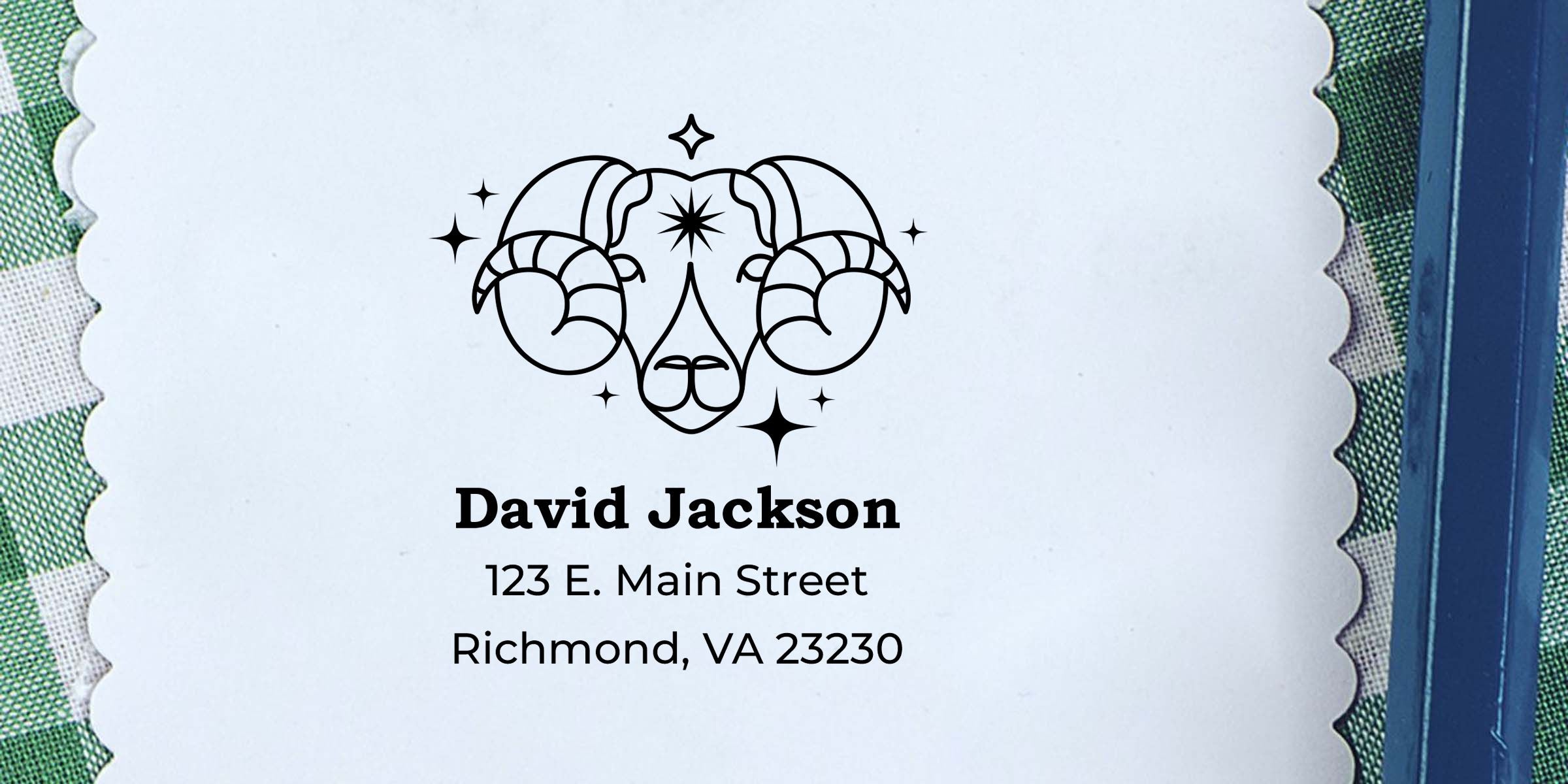 Custom business card featuring a ram skull logo with stars, the name David Jackson, and the address 123 E. Main Street, Richmond, VA 23230
