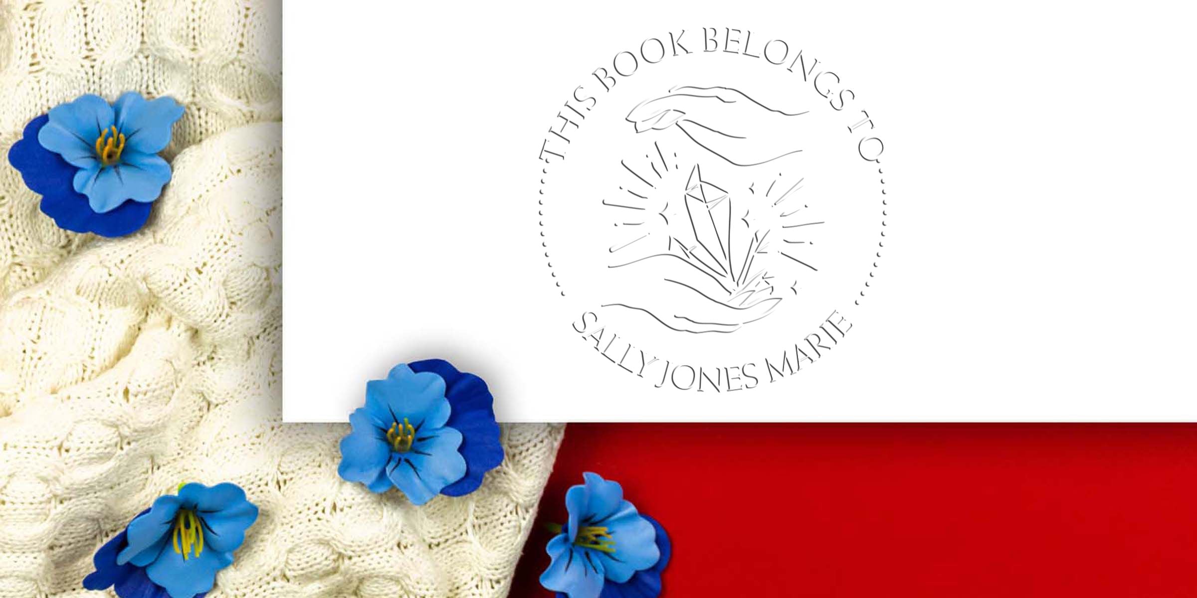 Personalized “This Book Belongs To” bookplate for Sally Jones Marie with elegant hand-drawn logo, blue floral accents, and soft knitted background on a red and cream design layout