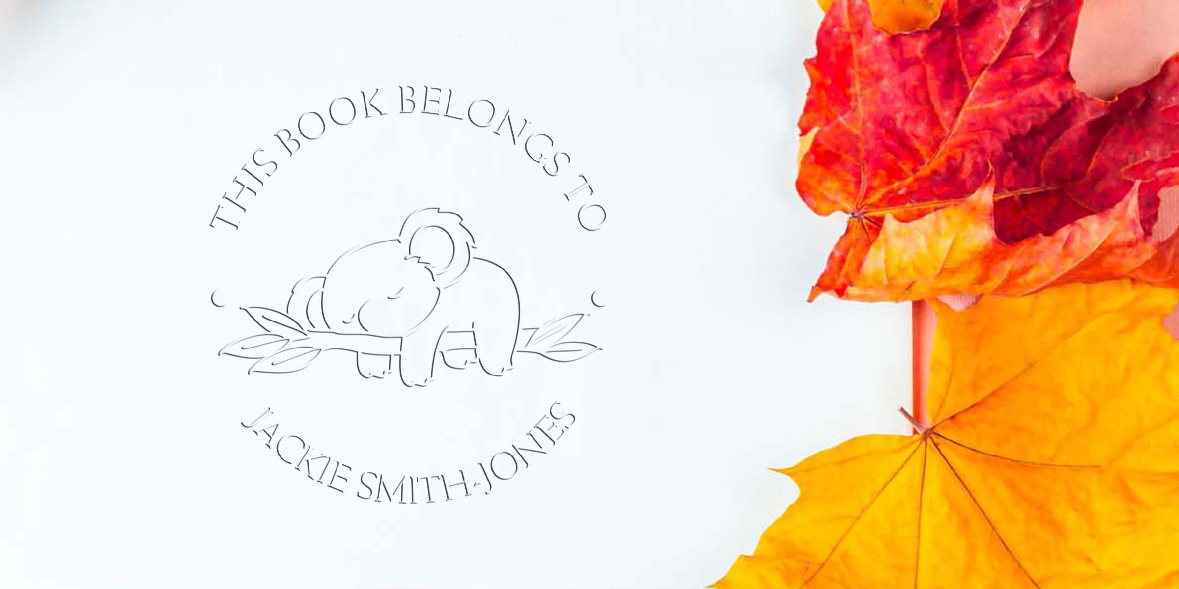 Personalized bookplate reading “This Book Belongs to Jackie Smith-Jones” with bear illustration and autumn leaves on a white background