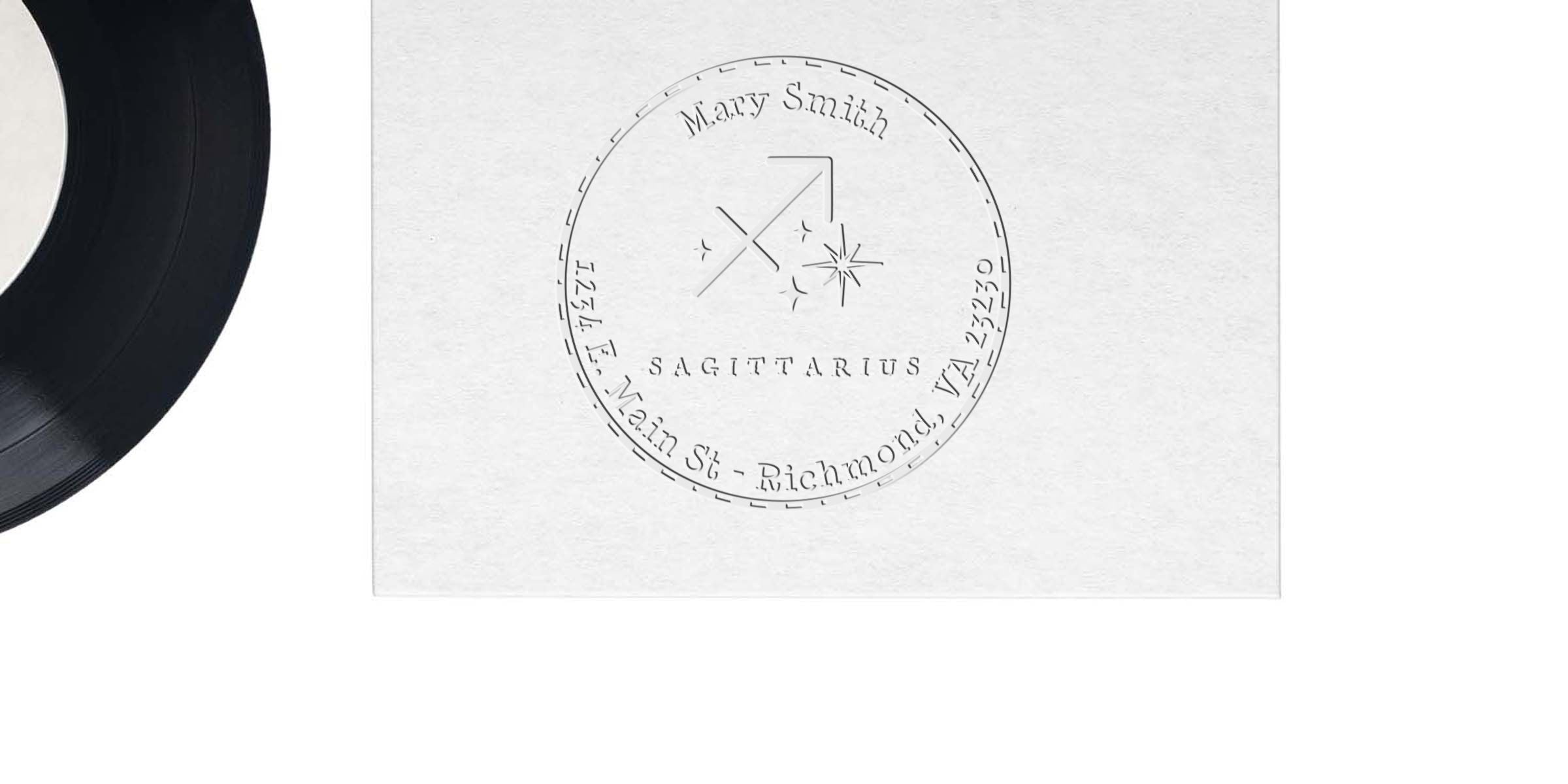 Custom Sagittarius zodiac engraving with personalized names, including Mary Smith, in a circular minimalist memorial-style design on a white background