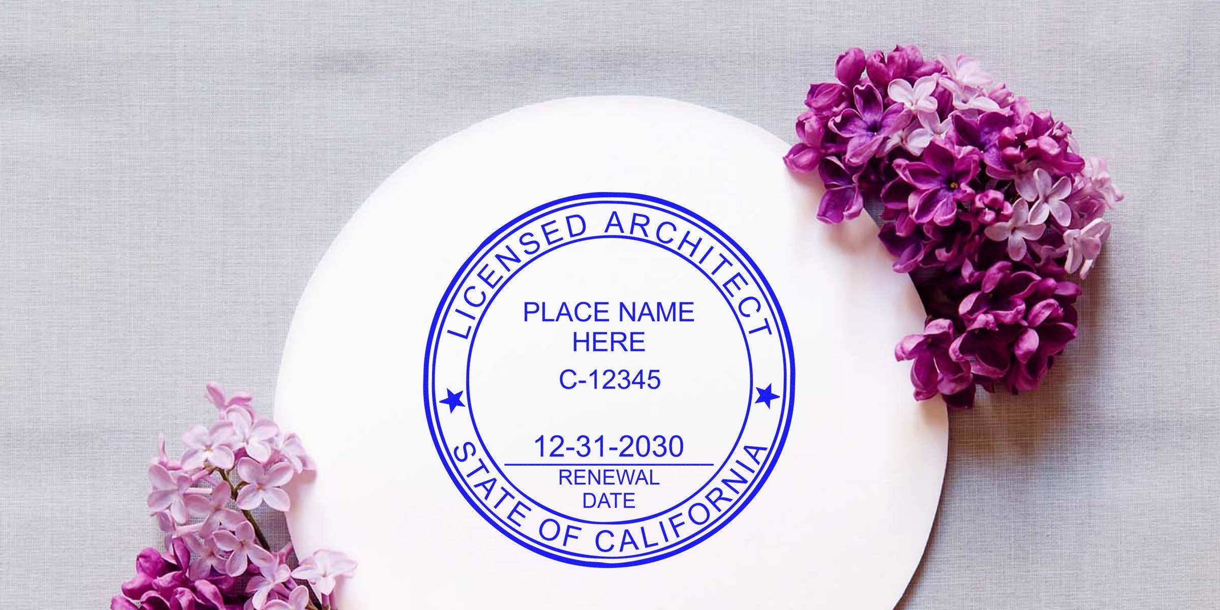 California architect stamp with licensed seal and renewal date, surrounded by purple lilac flowers on a white plate, symbolizing the choice of architect stamp in California.