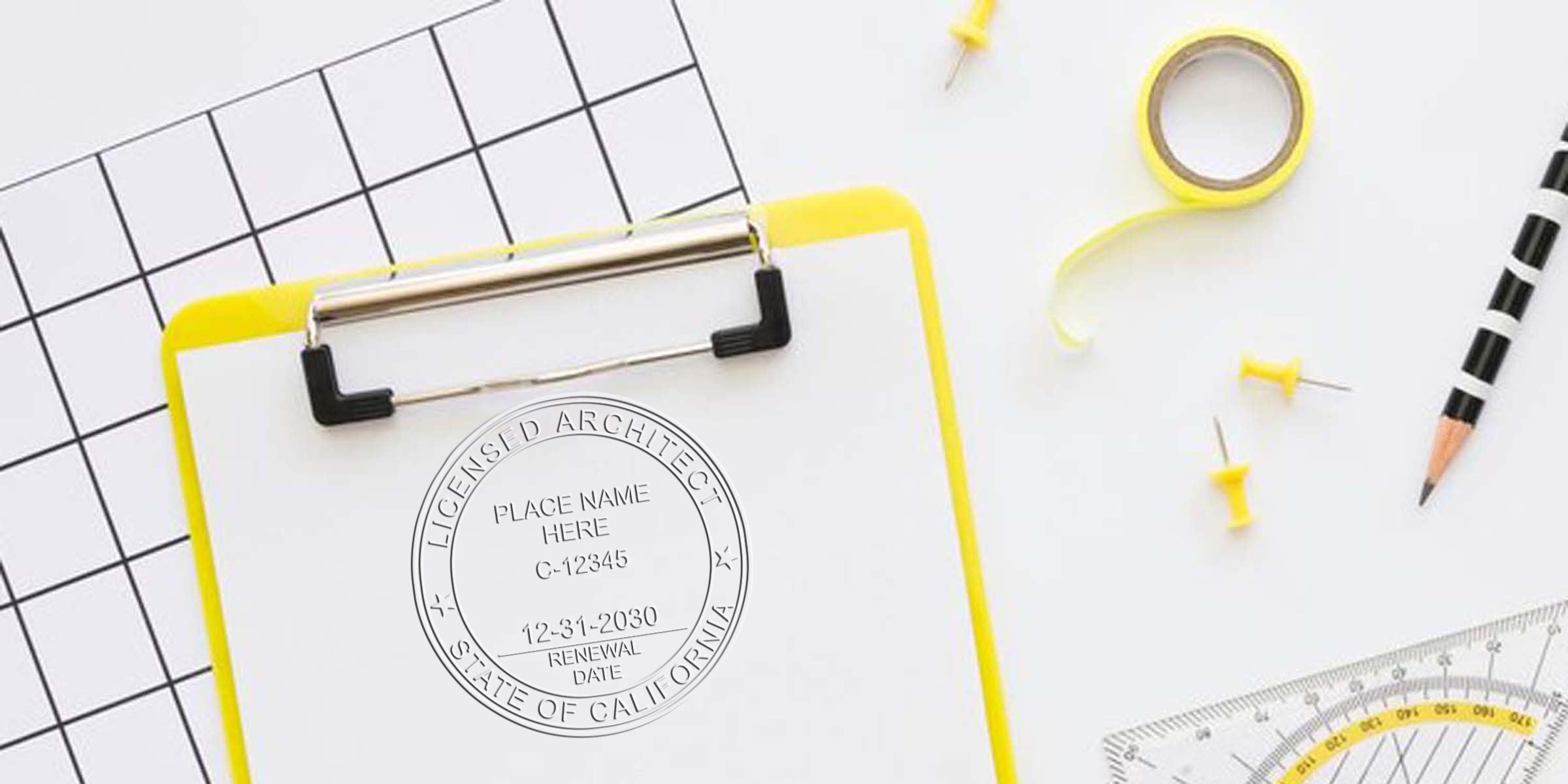 California architect stamp and embosser on clipboard with office supplies, displaying license renewal date and certification tools.