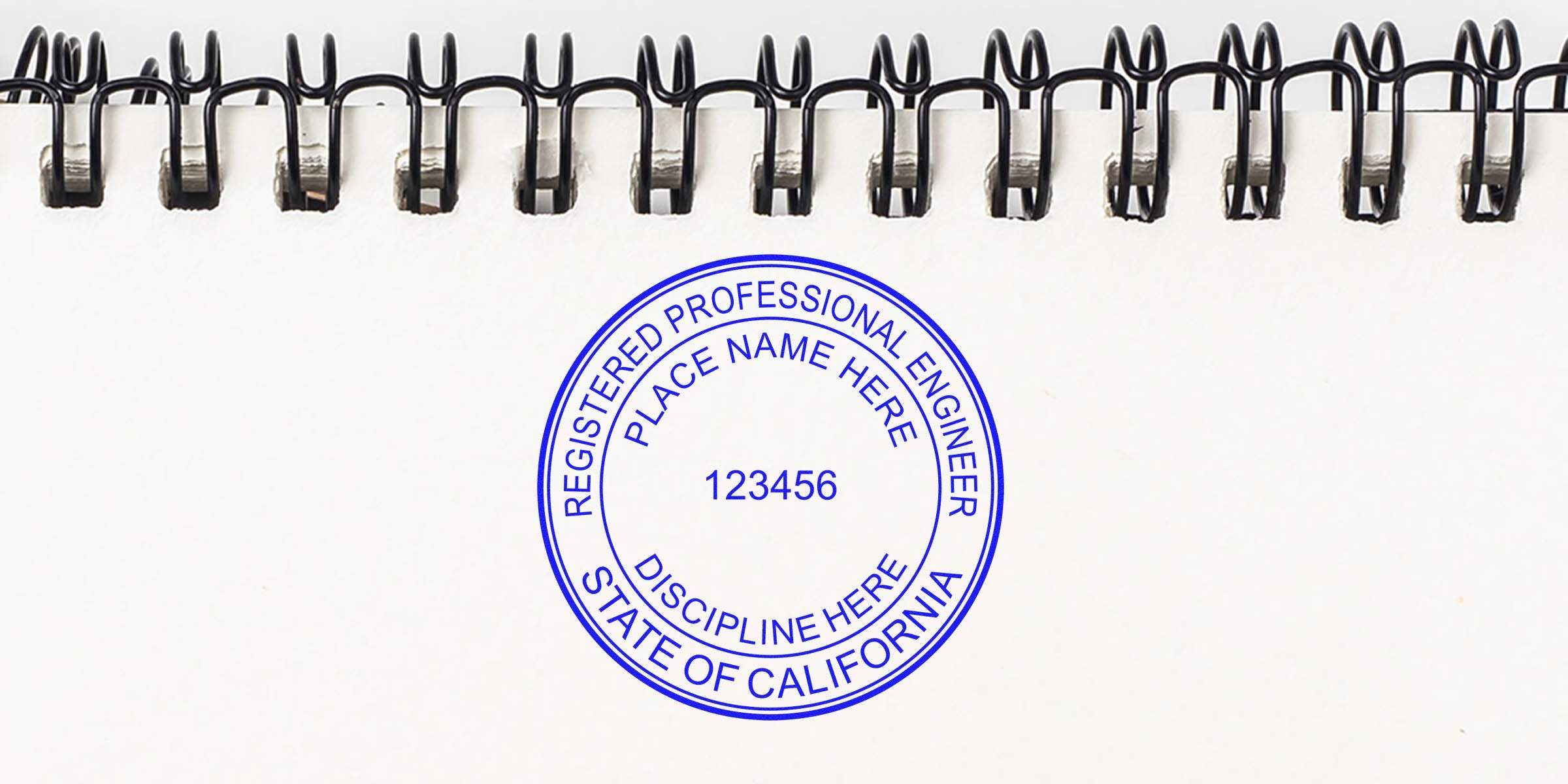 California PE Stamp on white paper with spiral binding, displaying the official California registered professional engineer seal and state engineering certification mark.