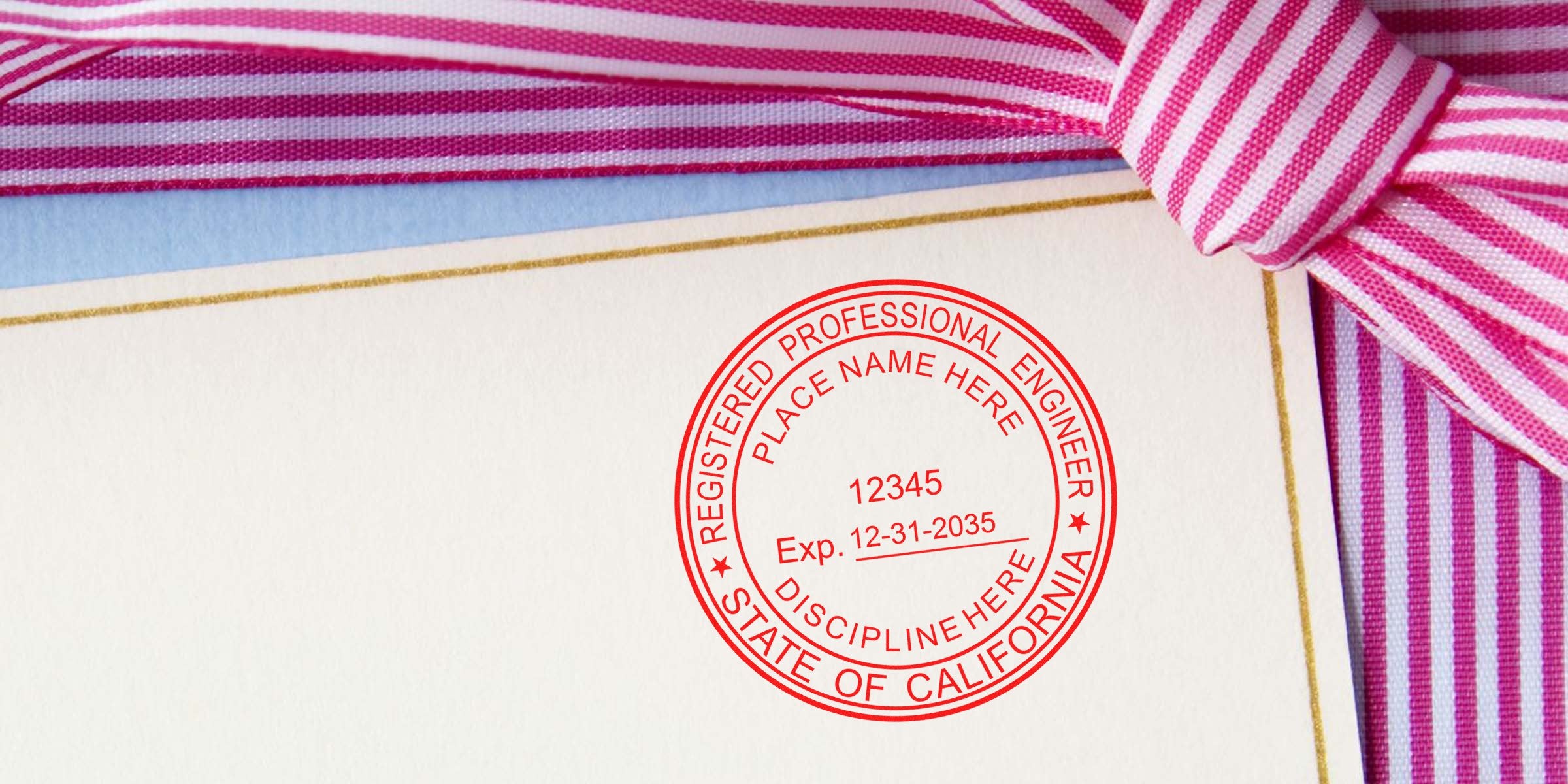 California PE Seal on certificate with pink striped ribbon, shown in PE Seal Purchase Guide.