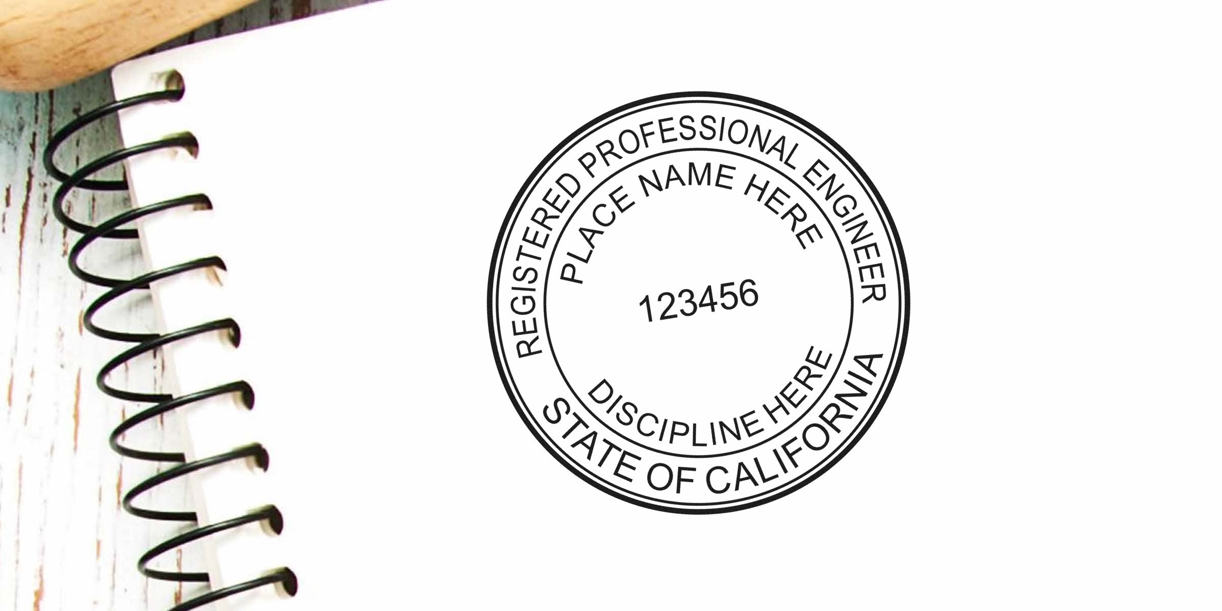 Template of California registered professional engineer seal with size and dimension details.