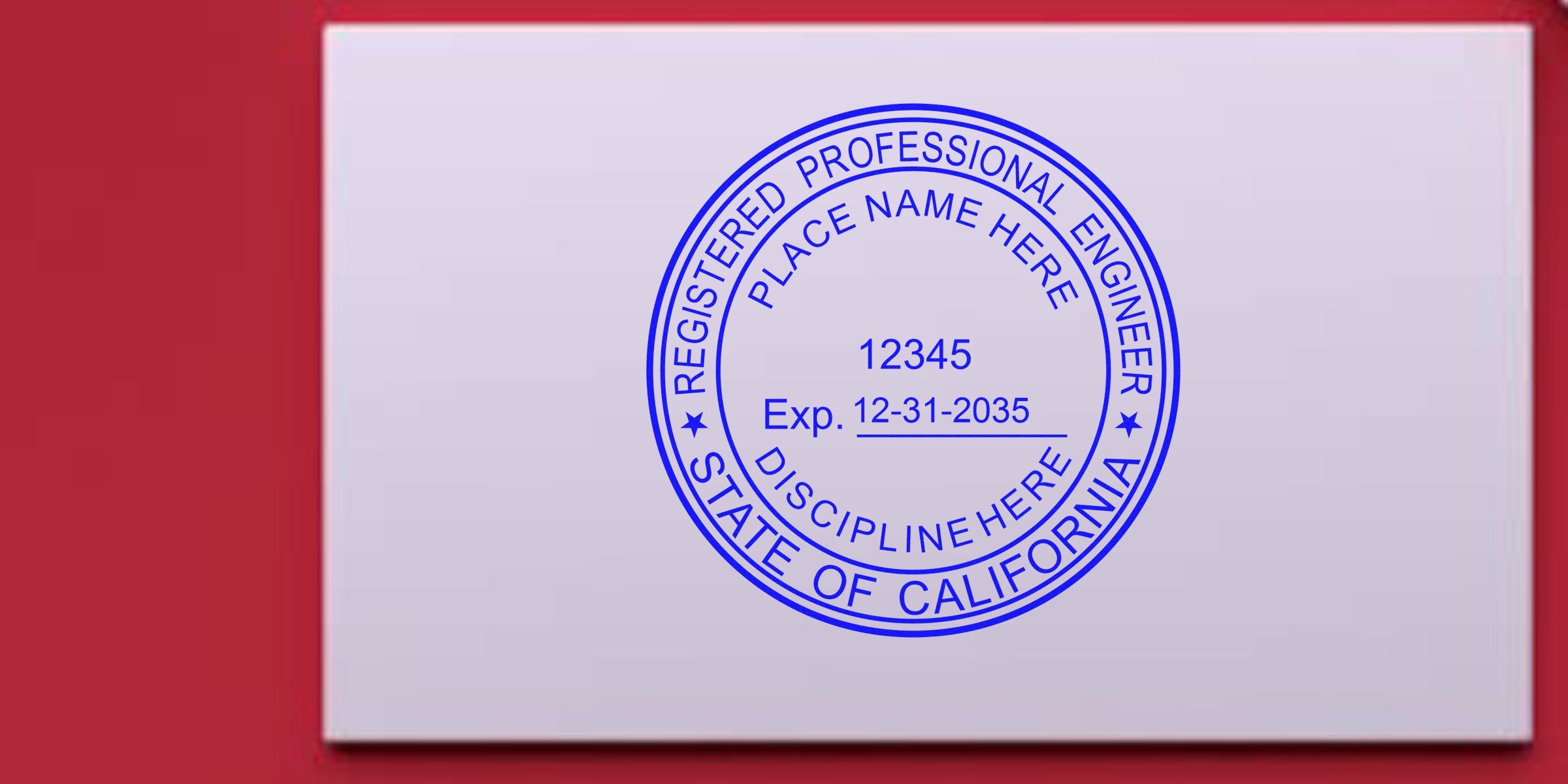 California PE stamp on white paper with registered engineer license number and expiration date, meeting California PE stamp purchase rules.