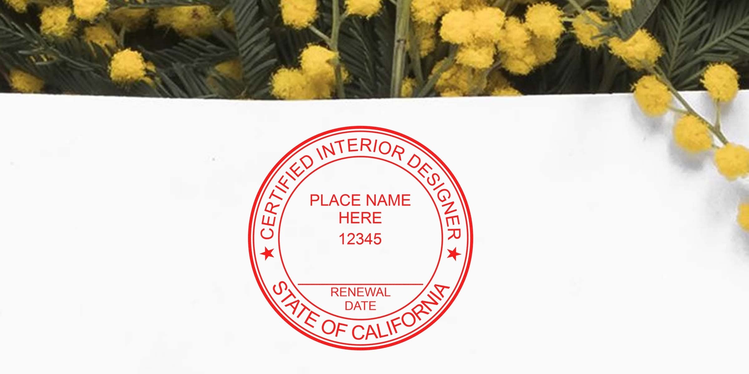 California interior designer stamp with yellow flower background, symbolizing California interior design license.