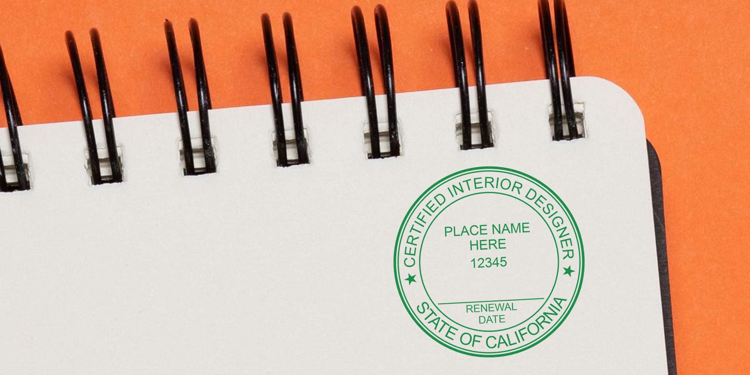 Certified California Interior Designer Stamp Exam on a spiral notebook page for California Interior Design License renewal.