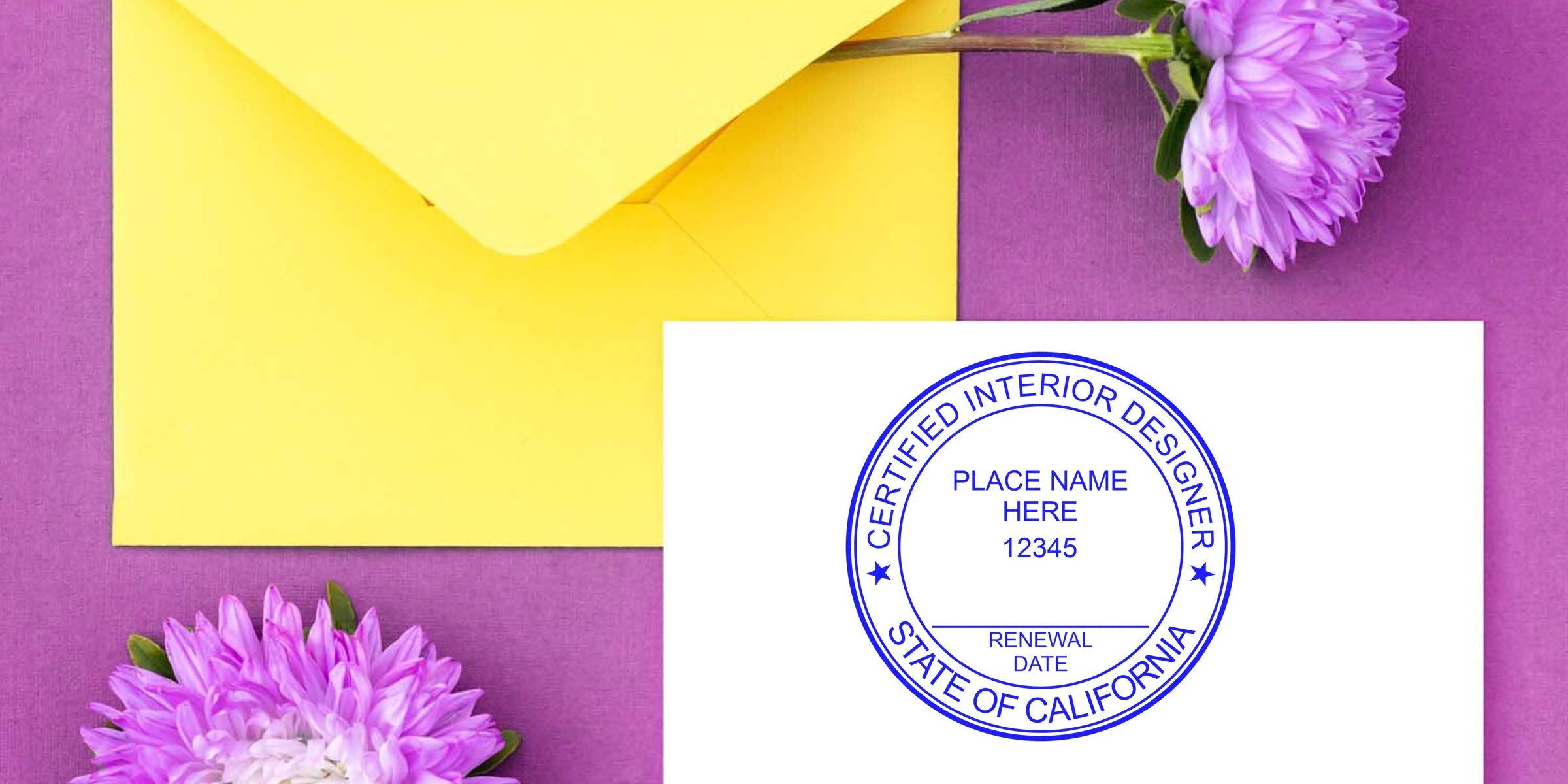 Certified interior designer stamp on white card with California license, yellow envelope, and purple flowers on purple background, emphasizing the stamp renewal process.