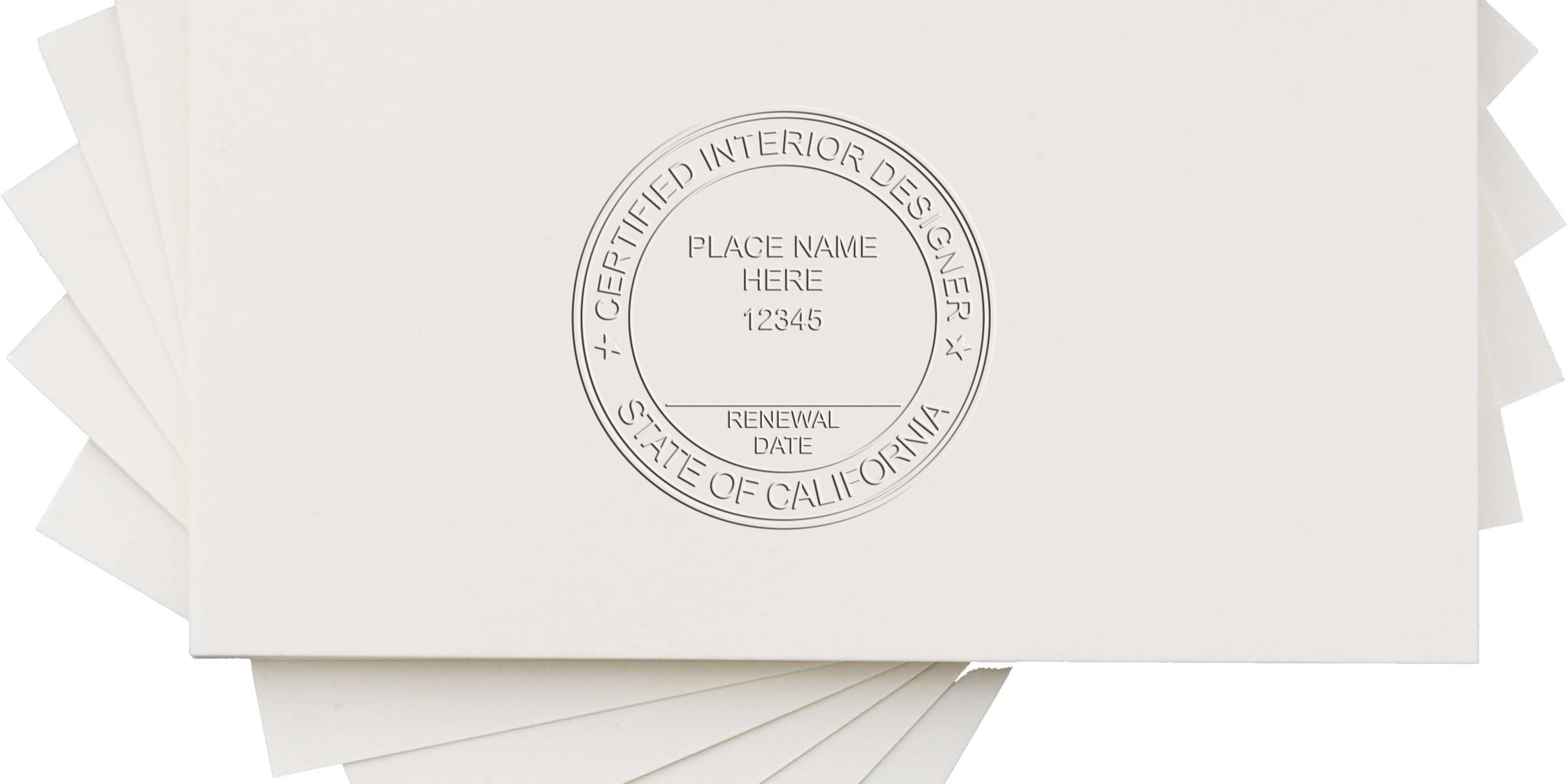 Embossing stamp for certified interior designer, representing professional certification and licensing in California, compliant with California interior design rules and regulations.