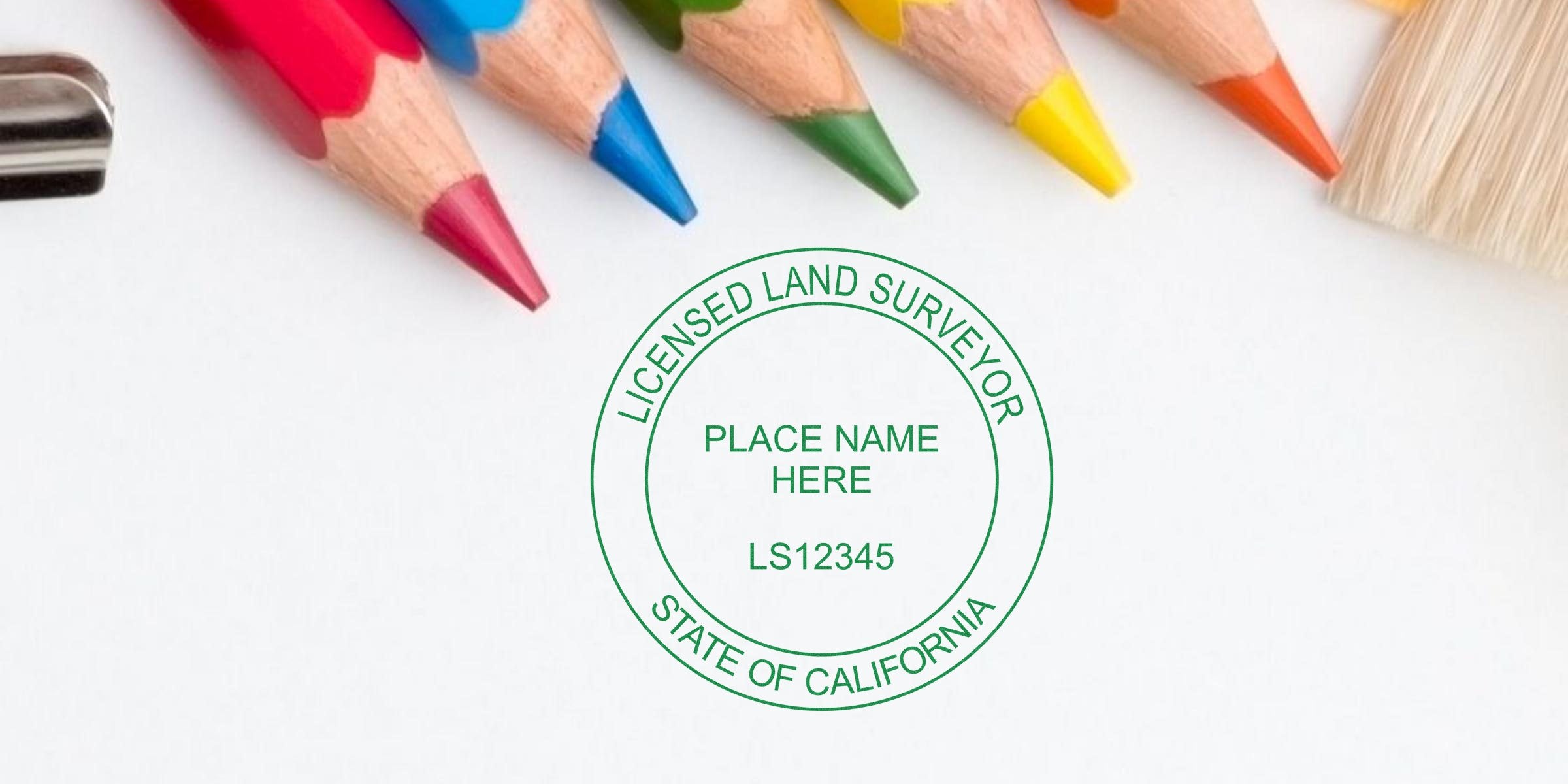Colored pencils and paintbrush frame a customizable California land surveyor stamp with place name and license number, highlighting stamp costs and pricing tips.