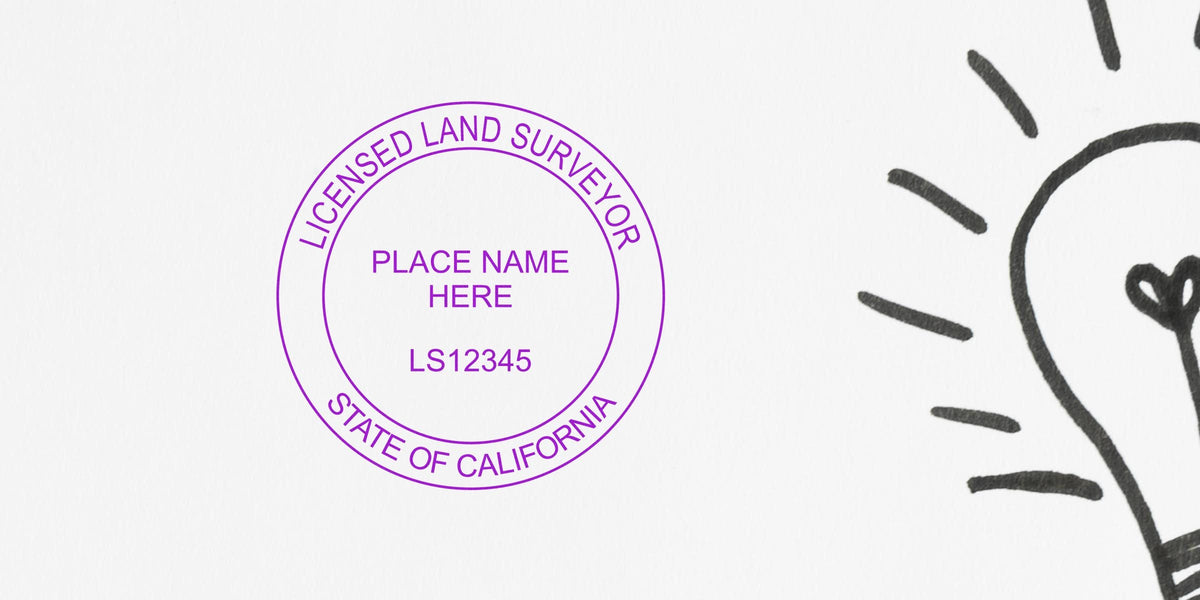 California land surveyor stamp with license LS12345 and placeholder for place name, representing custom surveyor stamps in California.