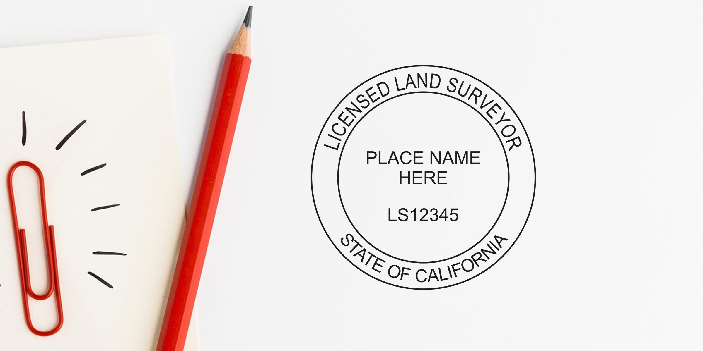 California land surveyor stamp with red pencil and paperclip on white background, highlighting expert surveyor stamp details.
