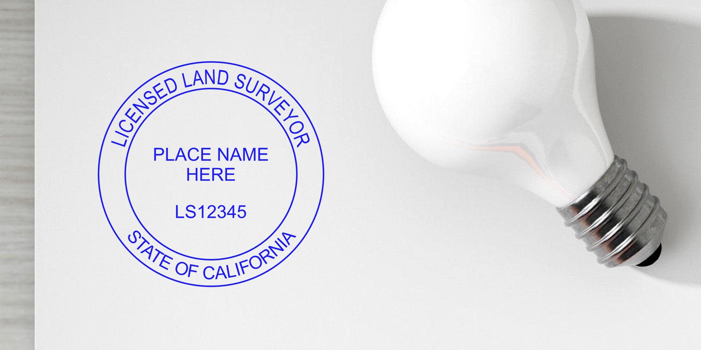 California land surveyor stamp with licensed seal and light bulb on white background, perfect for land surveyor stamp purchase checklist.
