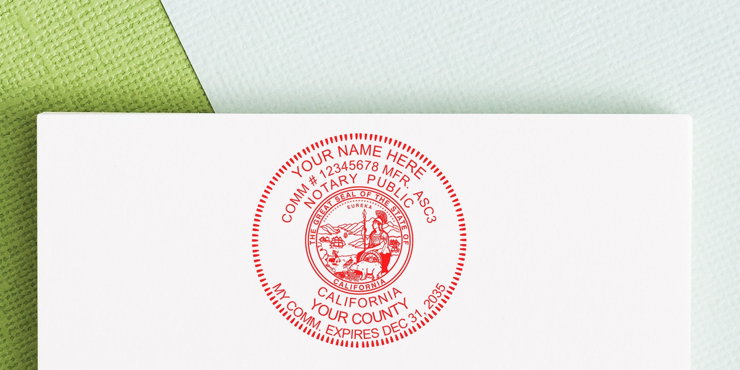 CA Notary Seal on white paper for legal document authentication by a California Notary Public.