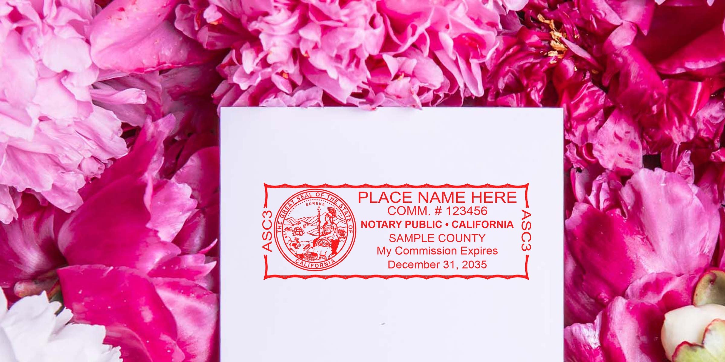 Affordable California Notary Seal on white paper, framed by pink peony flowers, featuring Online Notary Seal Options.