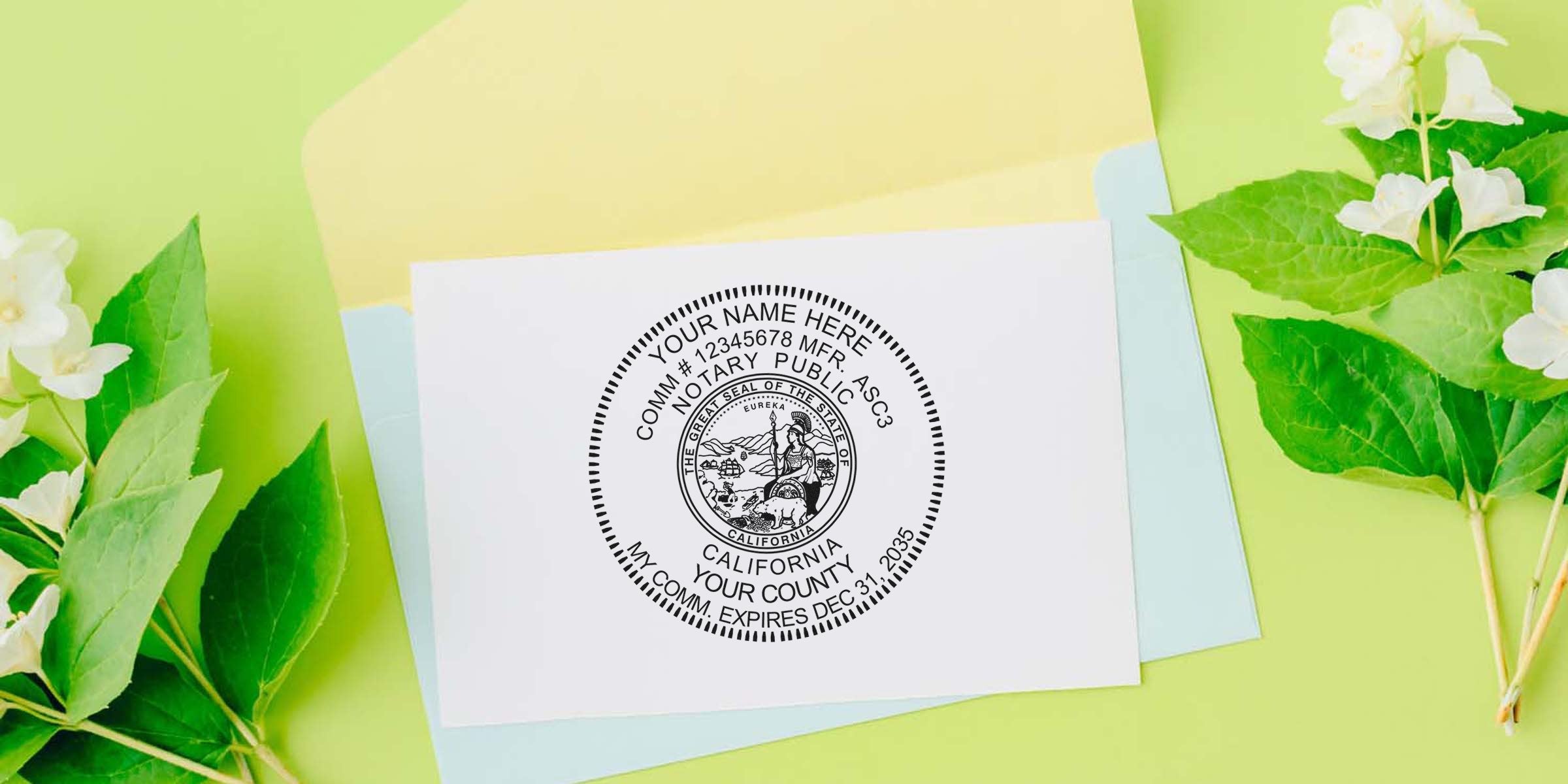 California notary stamp on white paper, surrounded by green leaves and flowers, showcasing the stamp and its requirements.