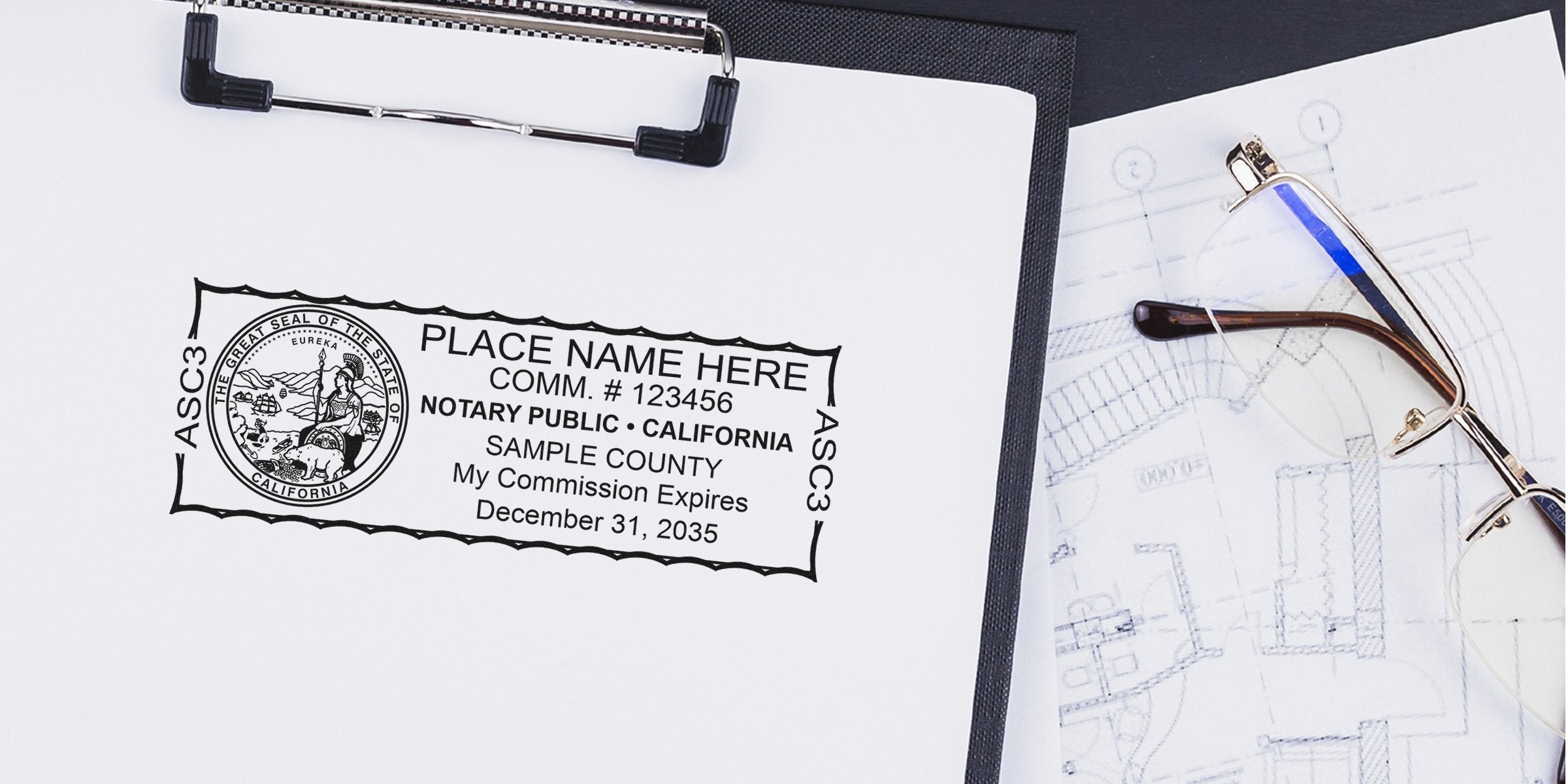 California Notary Seal stamp on clipboard with architectural blueprints and glasses, showing Notary Stamp California.