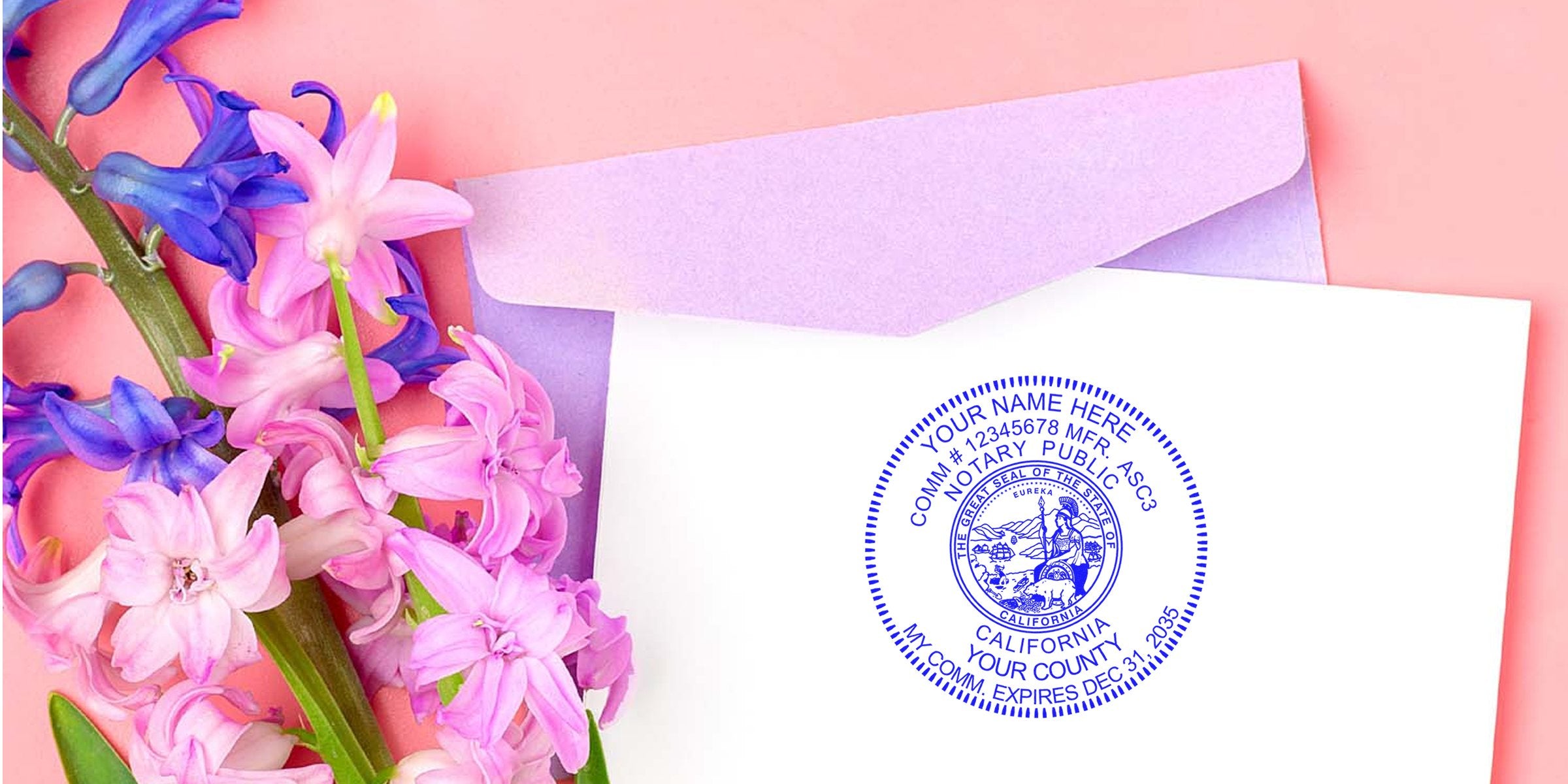 California notary seal on white envelope with purple flowers on pink background, symbolizing trusted notary services.