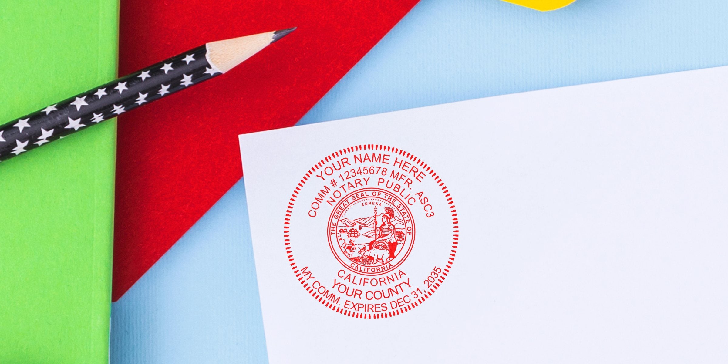 California notary stamp on white paper with colorful background and star-patterned pencil, symbolizing California notary public seal and online notary services.