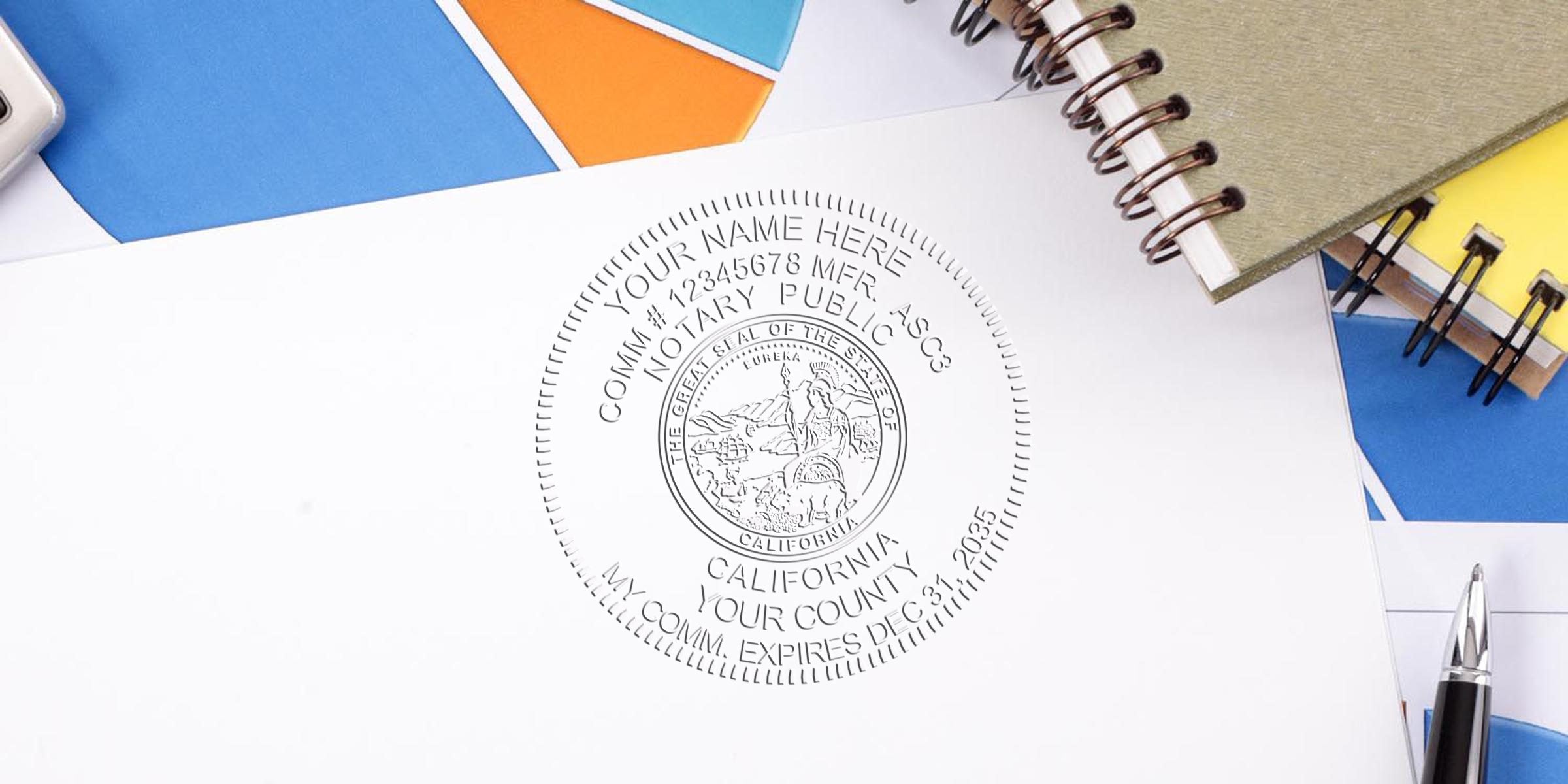 California notary stamp on white paper, surrounded by office supplies and notebooks, demonstrating compliance with California notary stamp law.