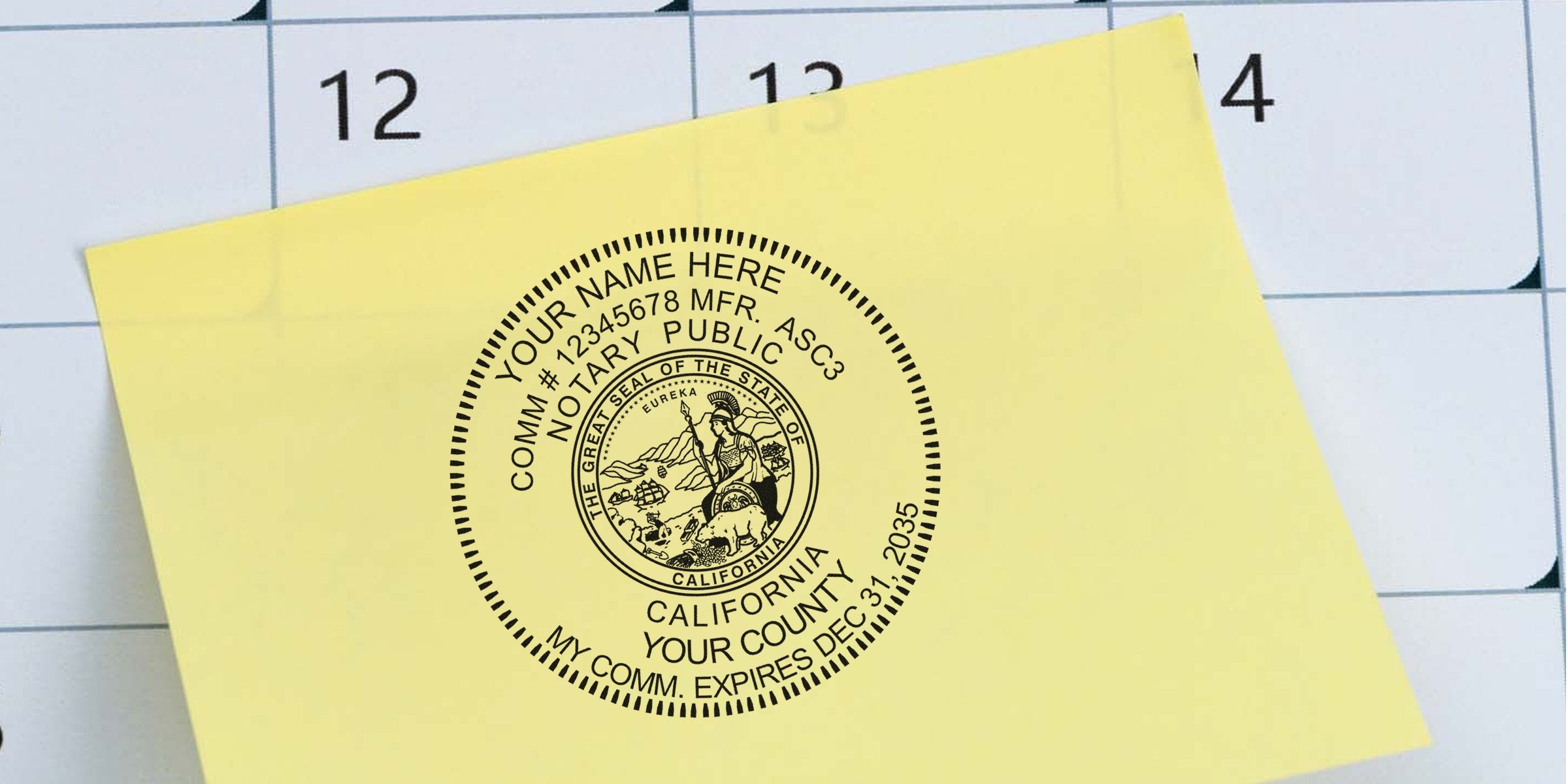 California notary public stamp on yellow paper with calendar backdrop, showcasing affordable notary tools and supplies for legal document authentication and notary services.