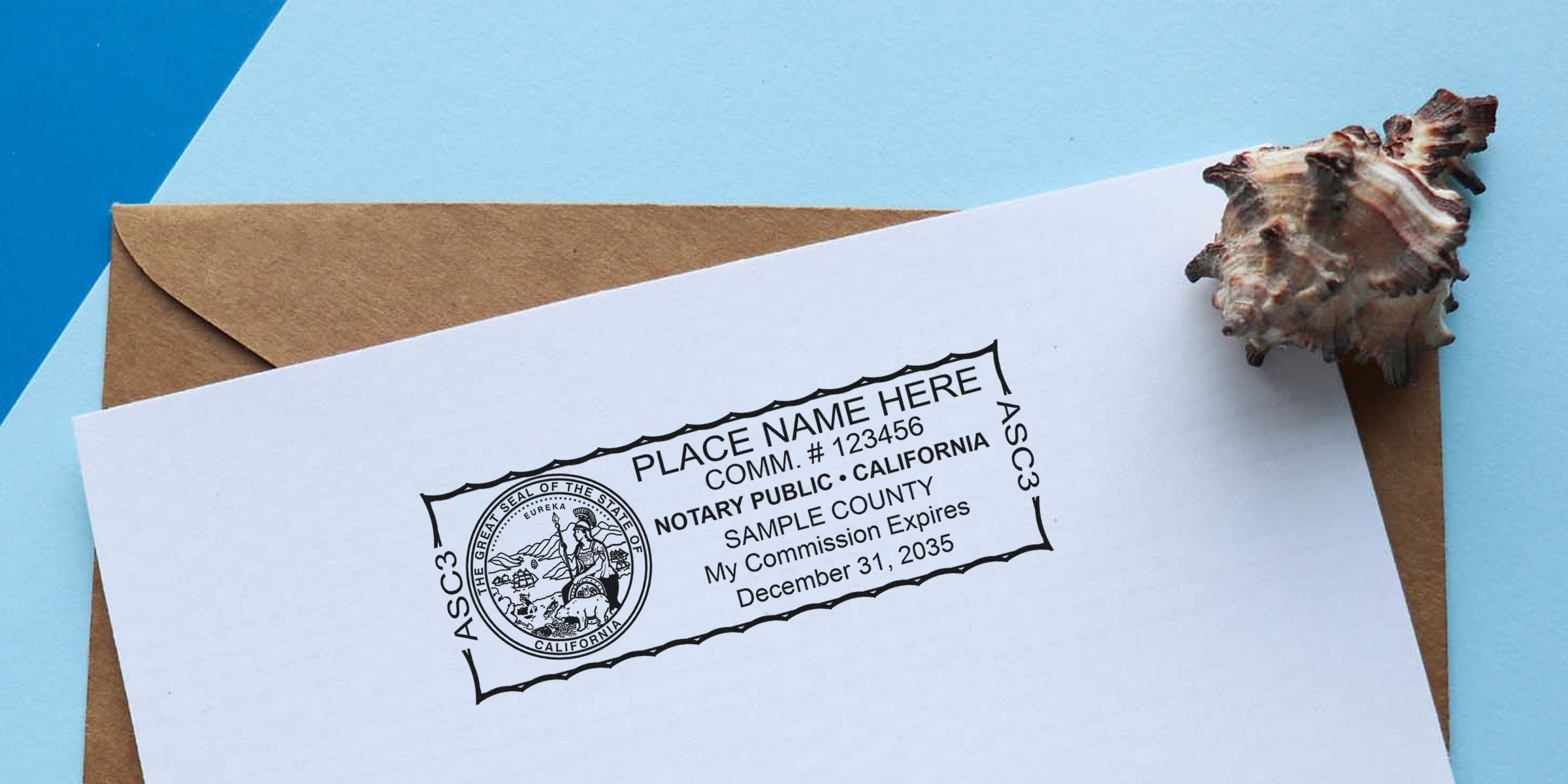 California notary stamp on white paper with envelope and seashell on blue background, showcasing the top notary stamp in California.