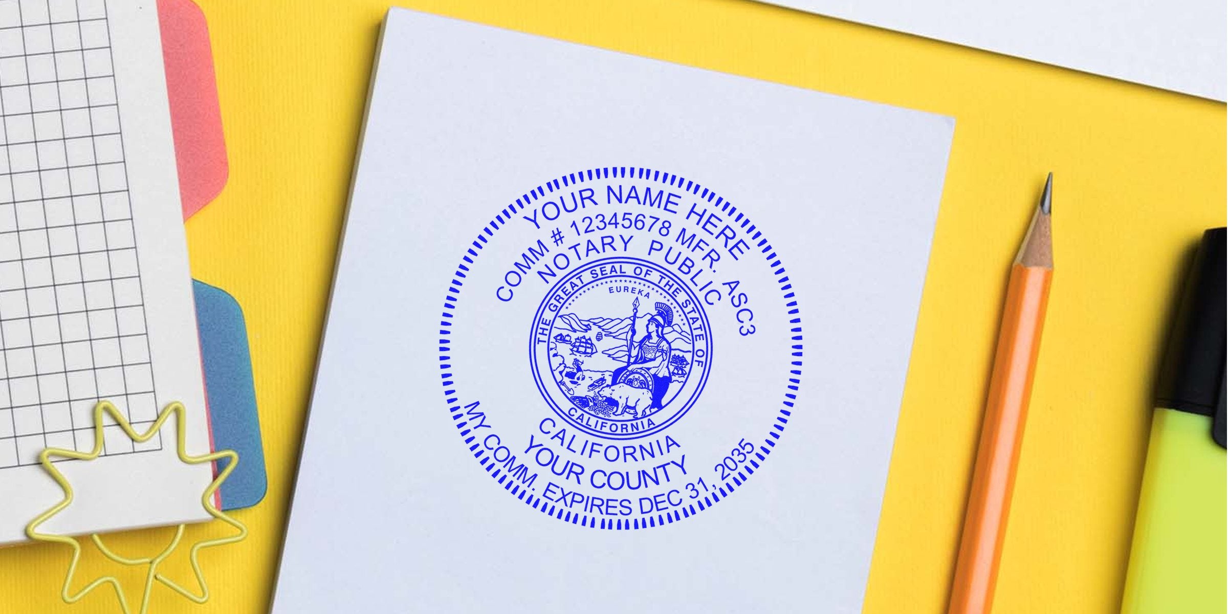 California notary seal on white paper with office supplies on a yellow background, highlighting the notary seal and its requirements.