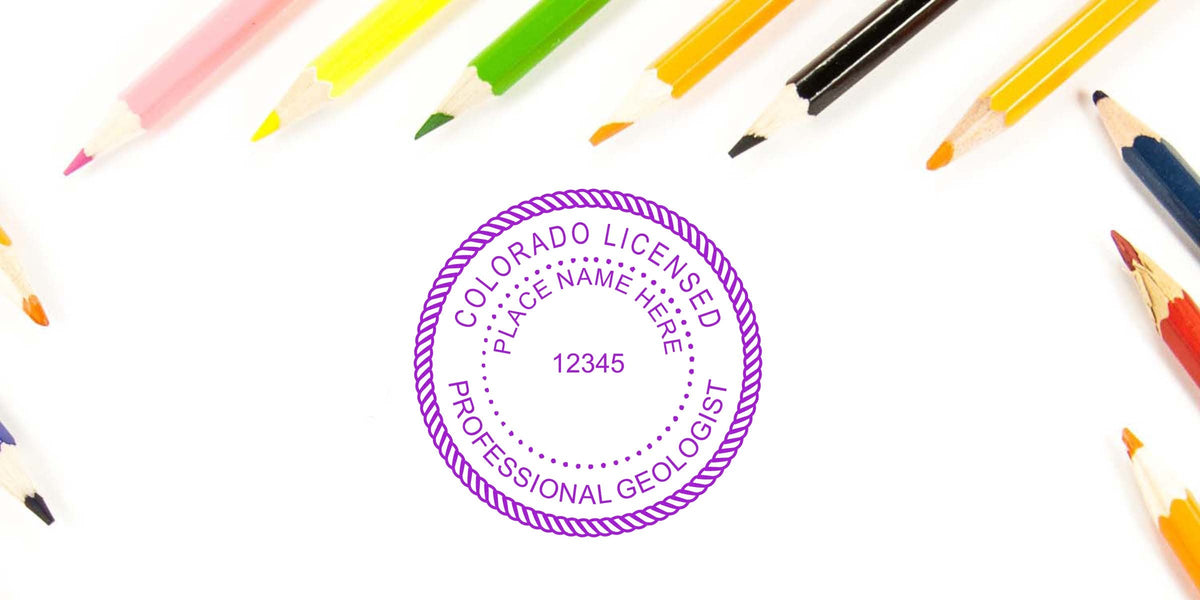 Colorado geologist stamp with colorful pencils, showcasing tips to reduce geologist stamp costs.