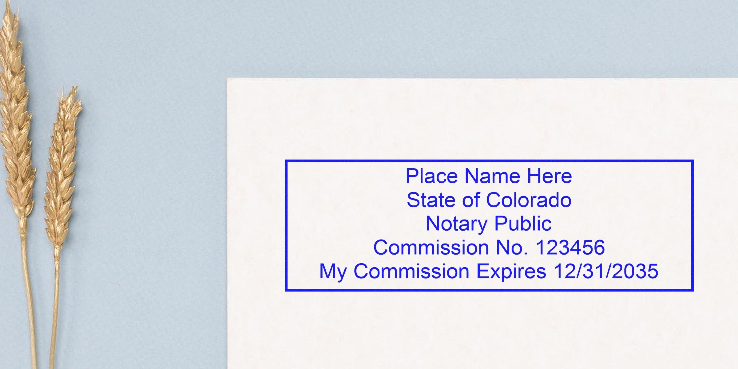 Colorado notary public stamp on white paper showing commission number and expiration date, representing Colorado notary seal and online notary services.