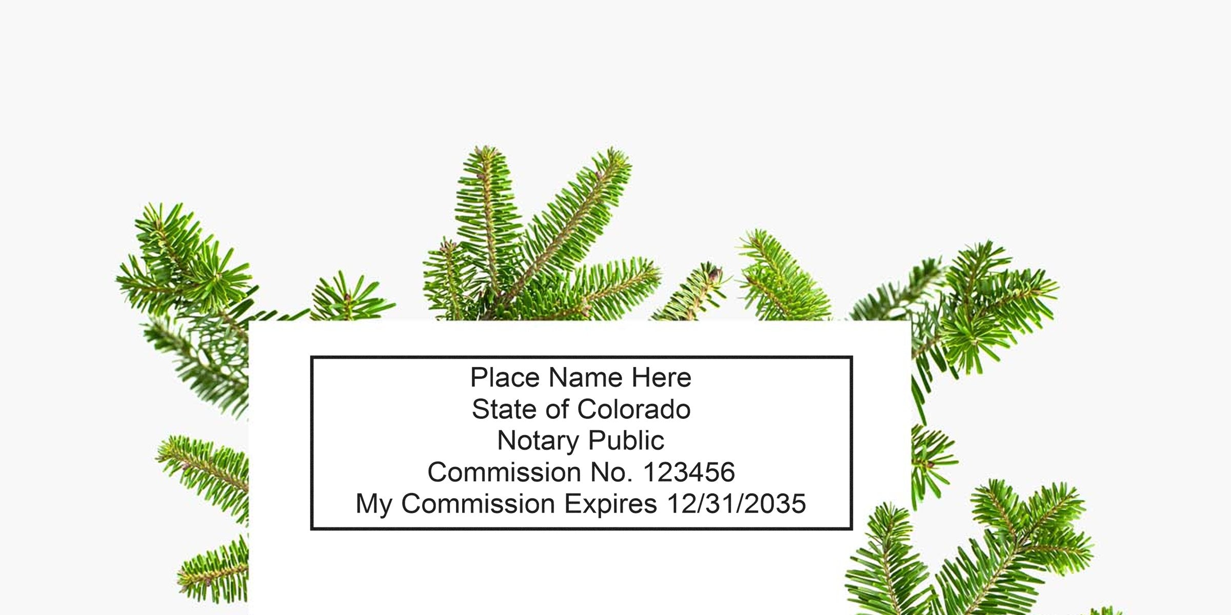 Colorado notary public commission certificate with evergreen branches background, showcasing Colorado Notary Public rules, stamp, and seal regulations.