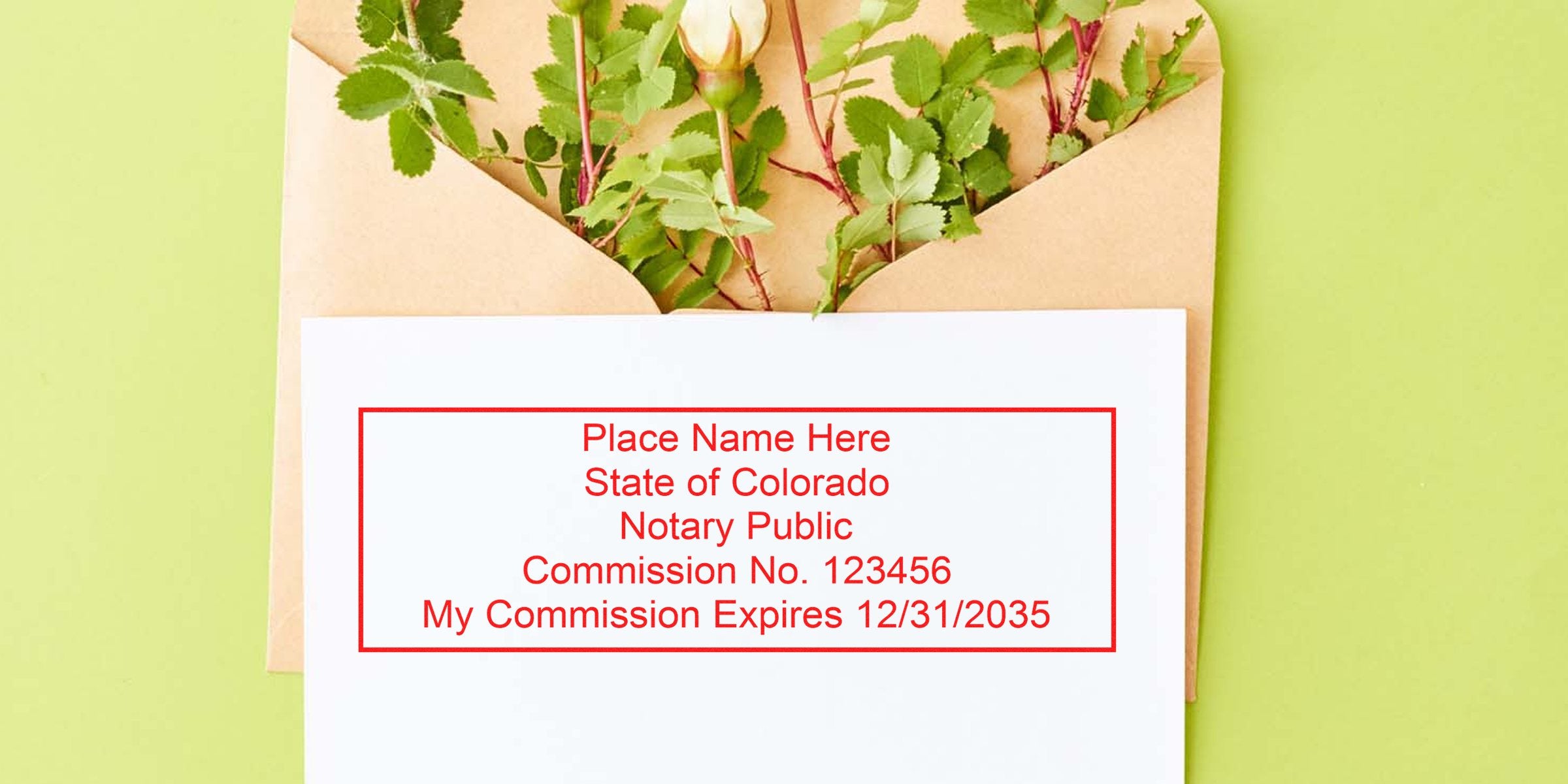 Colorado notary public commission certificate with the Colorado notary seal, shown on a floral envelope background, emphasizing the advantages of the notary seal.