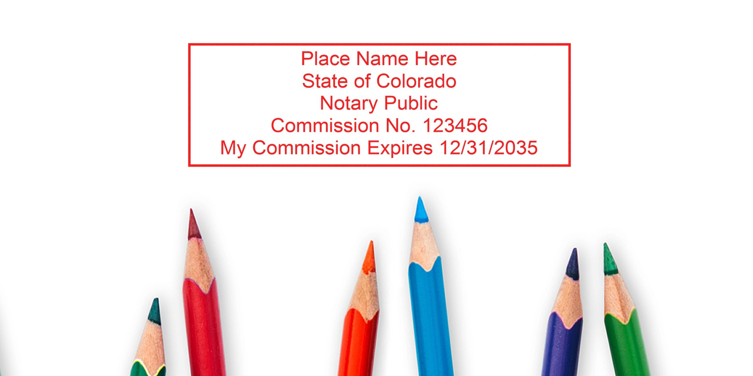 Colorado notary public stamp with commission number and expiration date above colorful sharpened pencils, symbolizing key notary supplies and referencing the Colorado notary guide.