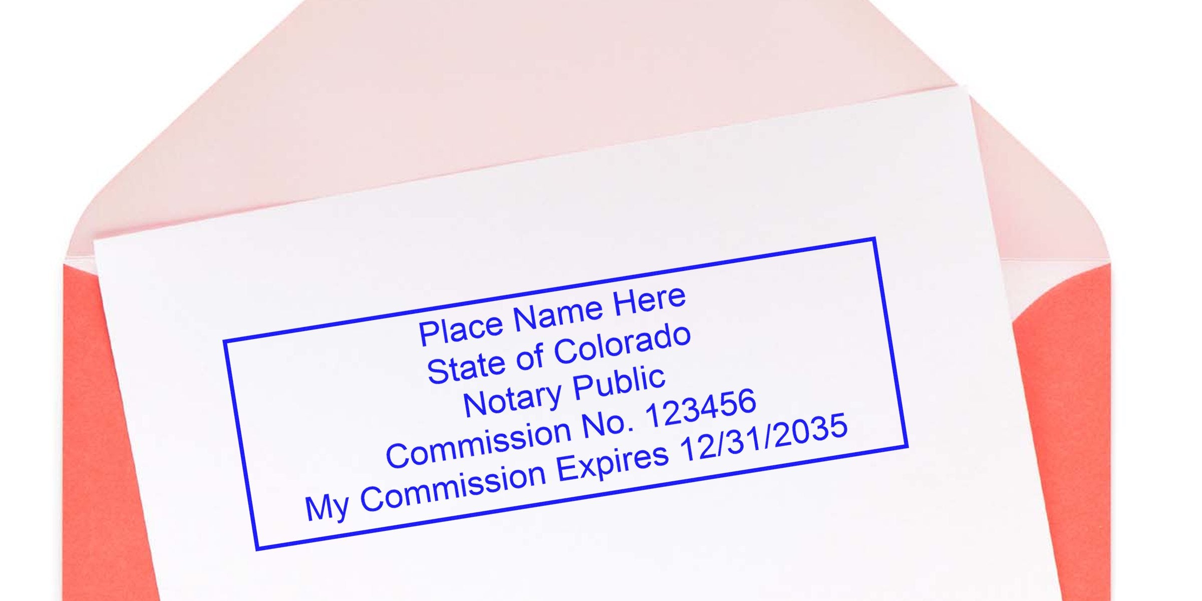 Colorado notary stamp with official seal, commission number, and expiration date on white paper inside a pink and red envelope.