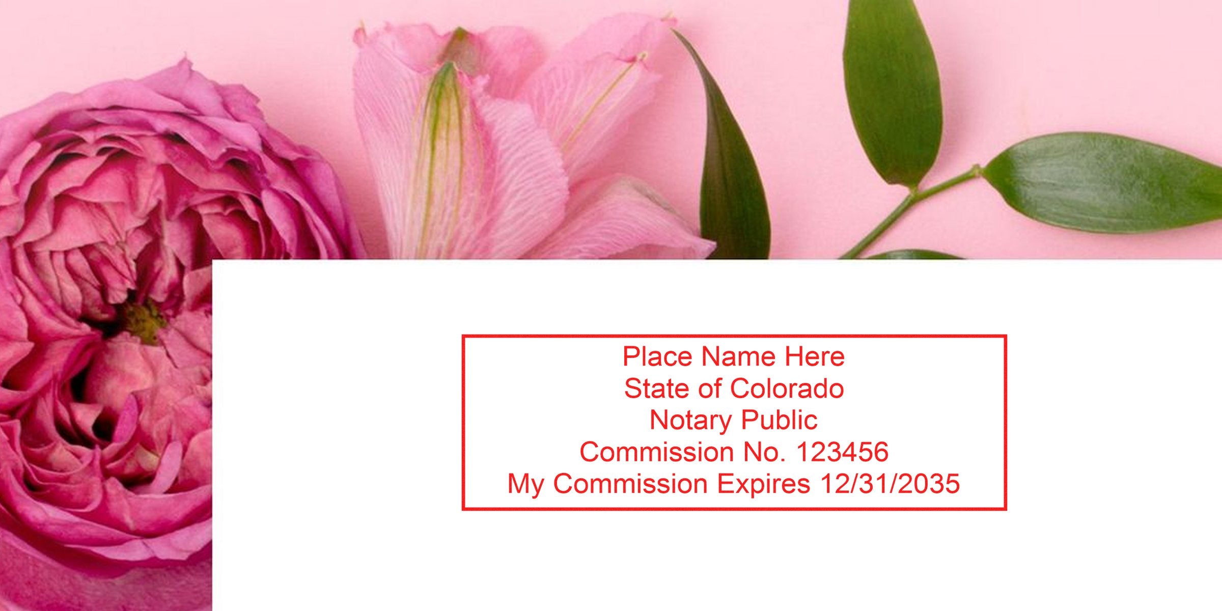 Colorado notary public stamp with pink flowers and green leaves on a pink background, featuring Colorado Notary Supplies and Notary Public Usage Rules.