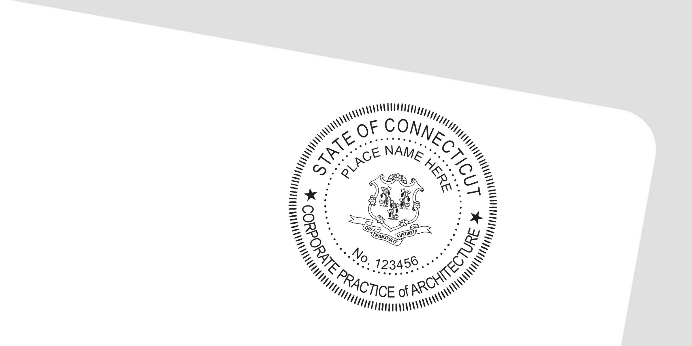 Connecticut corporate architecture seal with state emblem and license number, designed to meet Connecticut architect stamp size and specifications.