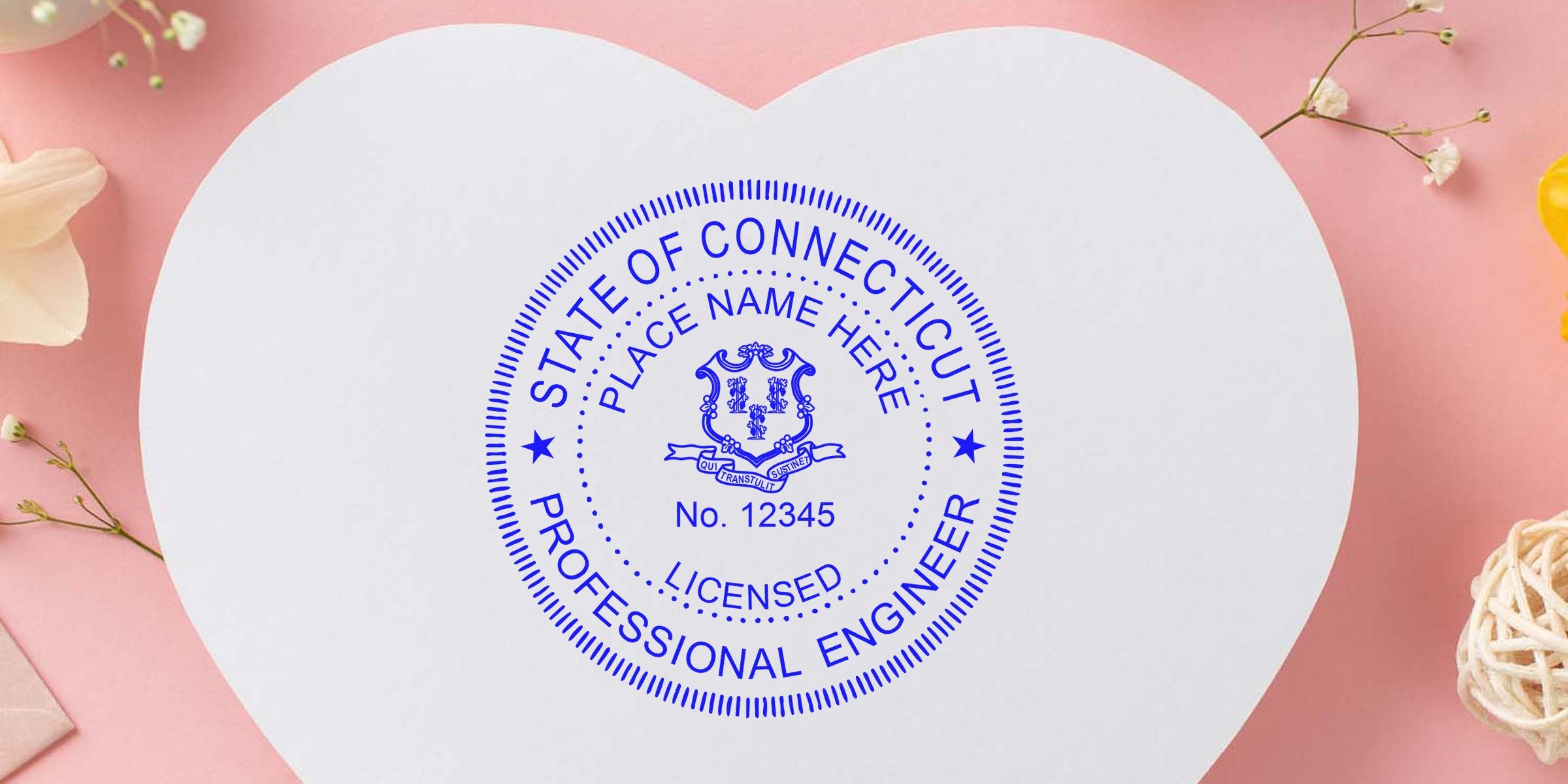 Connecticut Professional Engineer Seal on heart-shaped paper with floral background, showcasing Connecticut Engineering License.