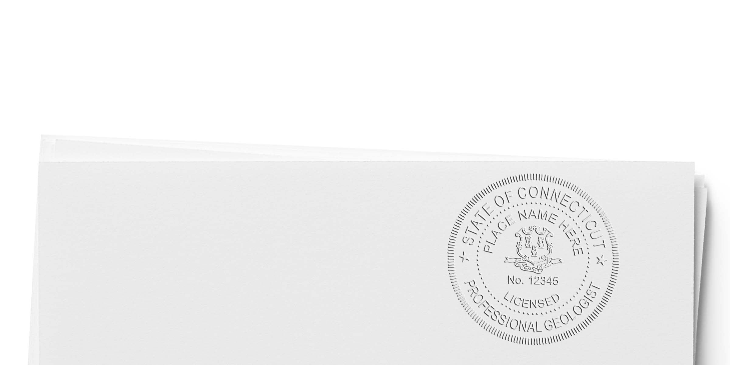 Connecticut geologist stamp embossed on white paper using a geologist embosser for certified geological services.