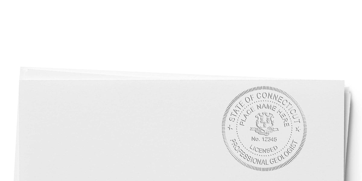 Connecticut geologist stamp embossed on white paper using a geologist embosser for certified geological services.