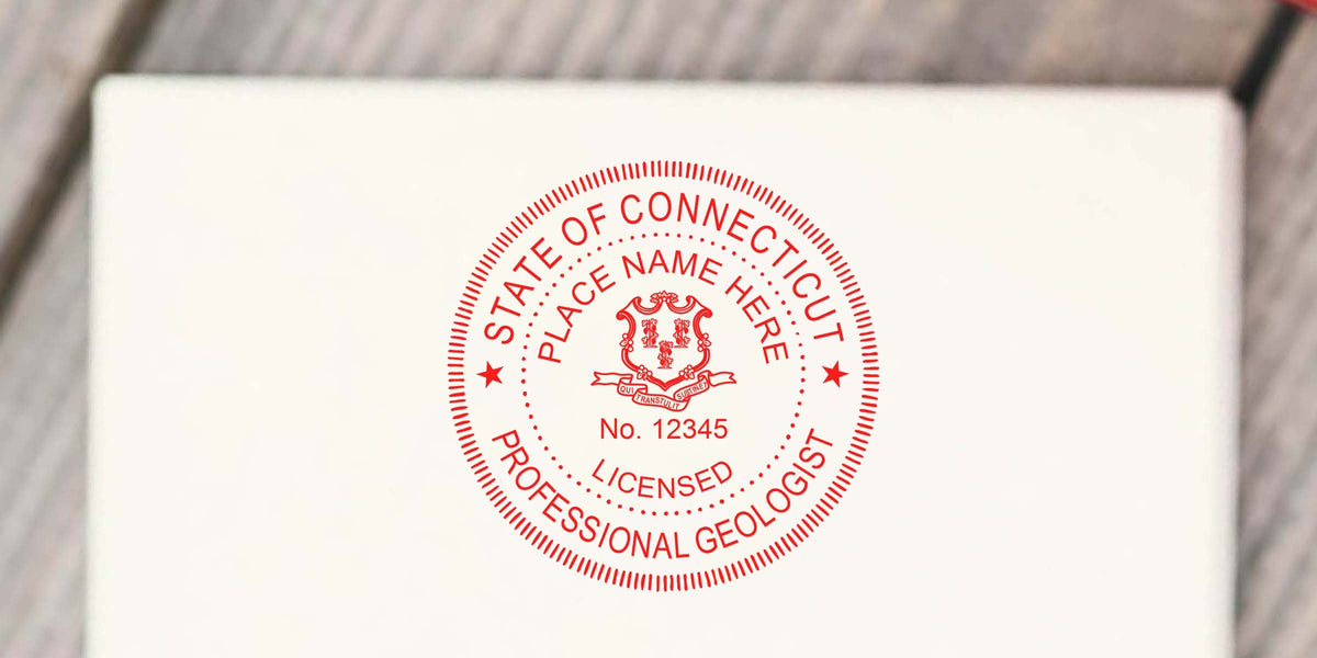 Connecticut Geologist Seal showing licensed professional geologist seal with location and license number on white background, illustrating steps for geologist licensing in Connecticut.